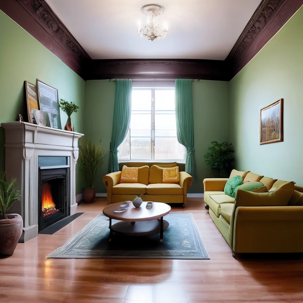 100 sqm living room Baroque style 3 large floor-to-ceiling windows 2 doorways 2 doors Marble fireplace Green sofa