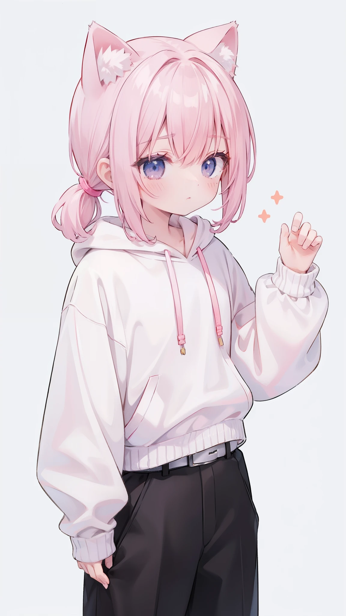 Boy pink low ponytail cat ears white loose hooded sweatshirt brown belt