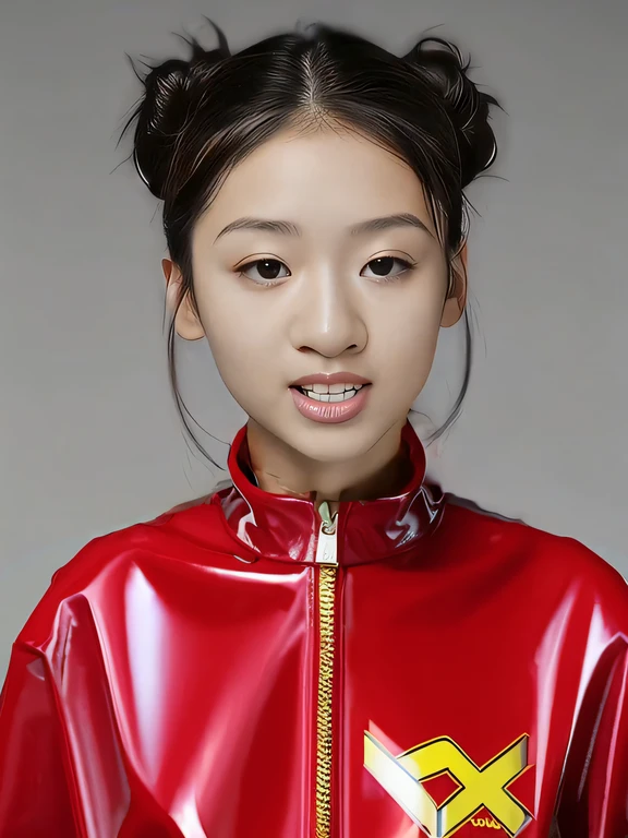 a big breast chinese girl，Wearing a red and yellow PVC sweatshirt