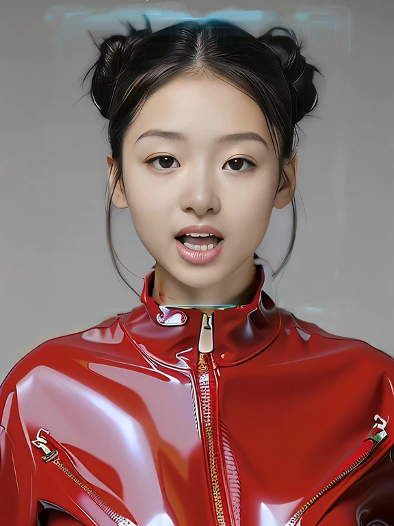 a big breast chinese girl，Wearing a red and yellow PVC sweatshirt