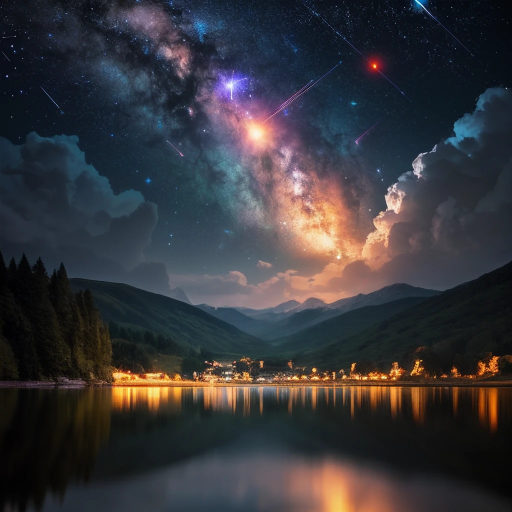 Lake with a view of the mountains and shooting stars in the sky, During meteor storms, meteors are falling from the sky, Colorful night sky, shooting star in background, Meteor Fall, night sky with many meteorites, meteor shower, Magnificent background, magical scenery, Ethereal at sunset, amazing wallpapers, nighttime nature landscape, Beautiful wallpaper
