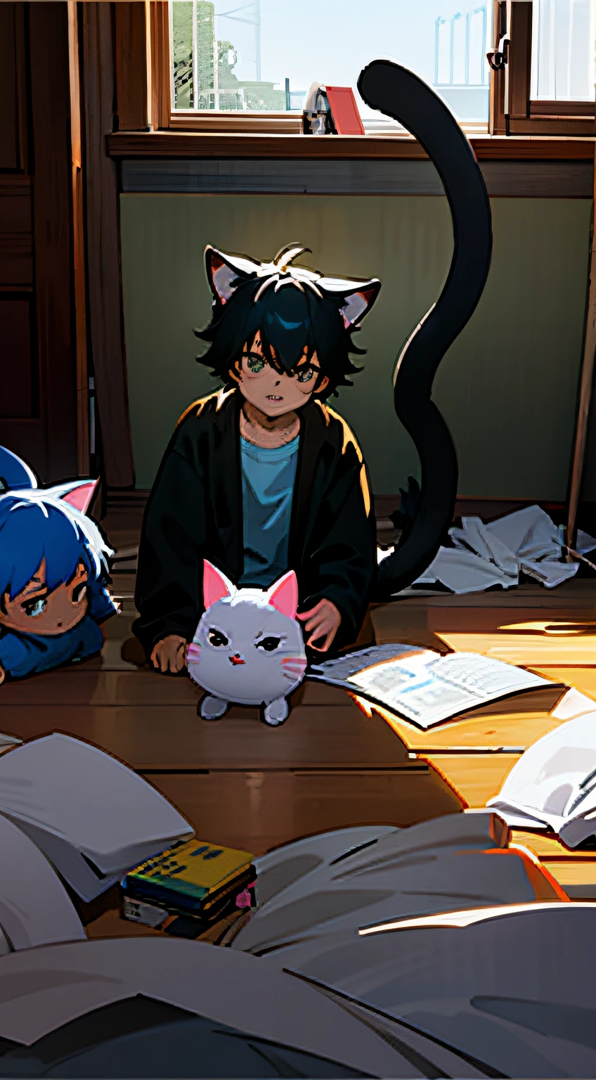 There is a little boy playing with the cat in a messy room,Boy with cat ears and tail,there is a cat next to her,with small cat on lap,At home,Shot with Sony Alpha 9,???,pets,high quality upload,neko,exclusive,A handsome,with a child,Shot with Sony A3 camera。