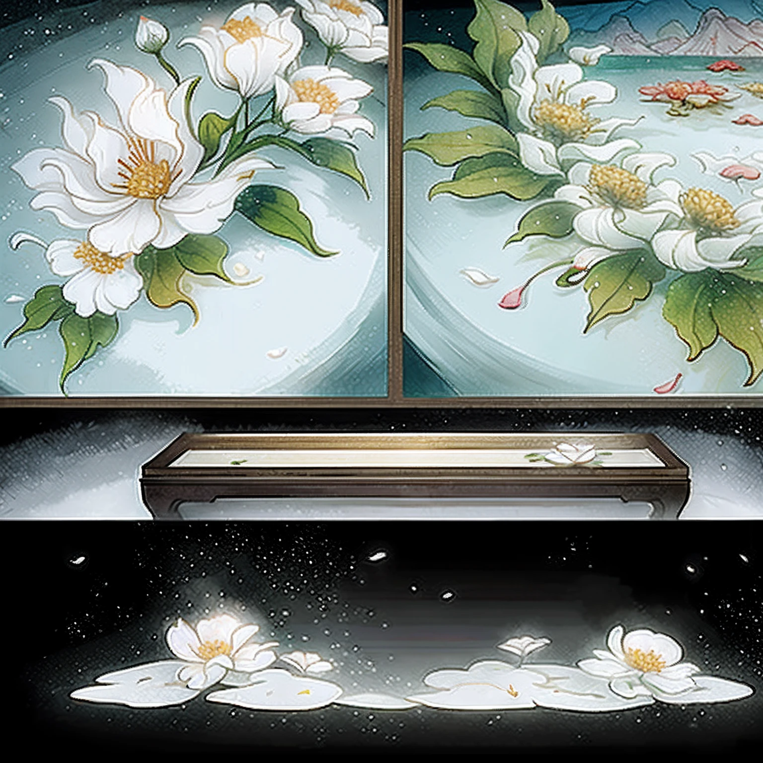 There are many different types of flowers in the vase on the table, floral arrangements, ikebana white flowers, japanese flower arrangements, with flowers and plants, rock plateau, nature and floral aesthetics, serene scene, floral environment, flowers inside of a marble, river with low hanging plants, plants and flowers, Flowers and plants, Elegant composition, moss and flowers