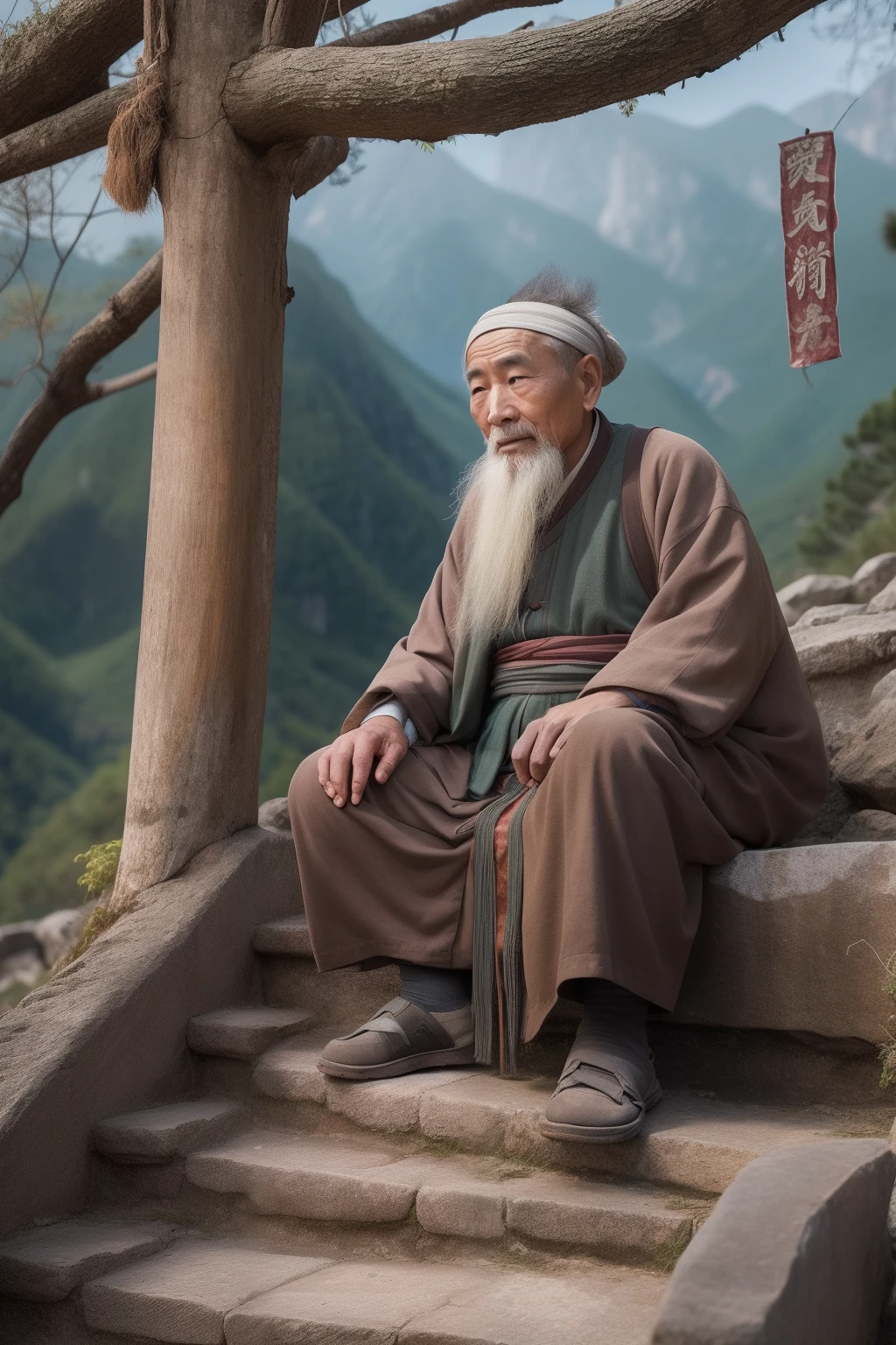 Old man of ancient China,Sit on the stone steps deep in the mountains,A wise old man living in seclusion in the mountains and forests、Sit on the steps deep in the mountains、Face full of wrinkles,wise man,The face is clear and plain,Long beard、head gear、Old man of ancient China、The face is clear、hoary、A face full of wrinkles - a kind face、kind、tmasterpiece,best qualtiy,(realisticlying:、(highdetailskin:0.8)、filmgrain、Wang Yangming、Retreat to the wise man on the mountain、Wise old man(highdetailskin:1.2),8k ultra high definition,digital SLR camera,gentlesoftlighting,high high quality