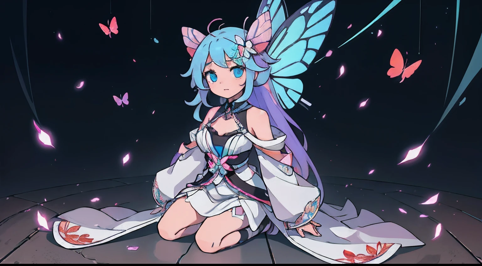 Octane Render、nffsw、(Hyper-detailing: 1.15)、(Soft light、sharp: 1.2)、songstress、full body Esbian、ultradetailed eyes、Full Paint、Splash、(Floral hair ornament、butterfly hair ornament)、 masutepiece、Anatomically correct、The underfloor is glowing