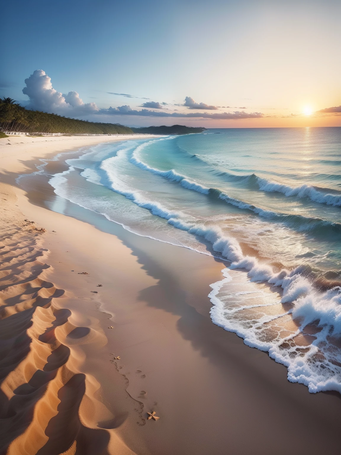 landscapes、Drama、Photoquality、Beaches in Okinawa、White sandy beach、Ground View、Sun Rising in the Center、(Photorealsitic:1.4)、(top-quality:1.0)、(超A high resolution:1.0)