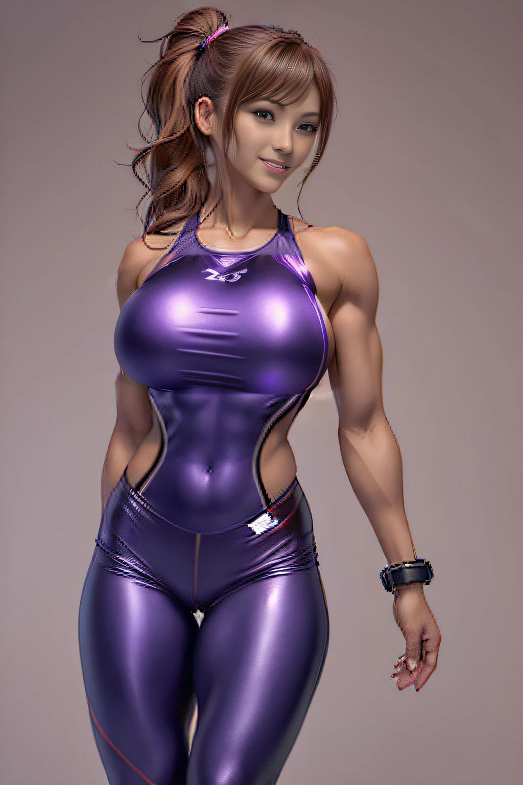 Female Fitness Model、Big breasts about to burst、Metallic purple and metallic white workout wear、Half Japan and half American.、