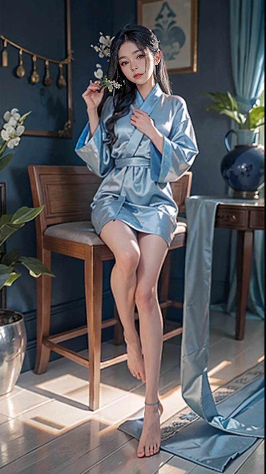 masterpiece,best quality,photorealistic,big eyes,masterpiece,full body female portrait,high detailed skin,8k uhd,soft lighting,high quality,highly detailed,makeup,fundoshi,key visual,vibrant,. 35mm photograph,film,bokeh,highly detailed,professional,4k,tan color RealPantyhose,tutututu,intimate action,seductive pose,1.8m height,(shine),eyeshadow,long_eyelashes,blush,red lips,thick lips,intricate richly embroidered blue aodai framed with gold seams,Watercolor,(vietnamese style),blue ink,1girl,a pair of ggx heels,<lora:ggx_V2.1_16:0.4>,<lora:RealPantyhose_1_0:0.6>,