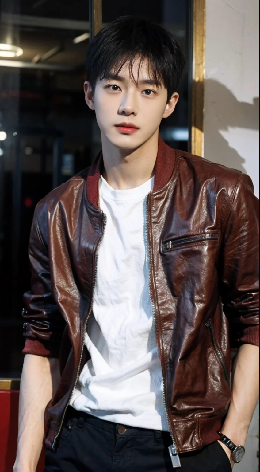 (Handsome Chinese guy:1.5)Libido boy,Locomotive Boy,Locomotive Boy,Realistic photos,Dressed in red, Blue and black skinny leather jacket,Brush cut,Textured skin,looks into camera,18-year-old boy,Studio,danshi koukousei,Muscle role,Perfect shadow body,Gigachad muscle,The trend is at CGSTATION,Hero male pose,