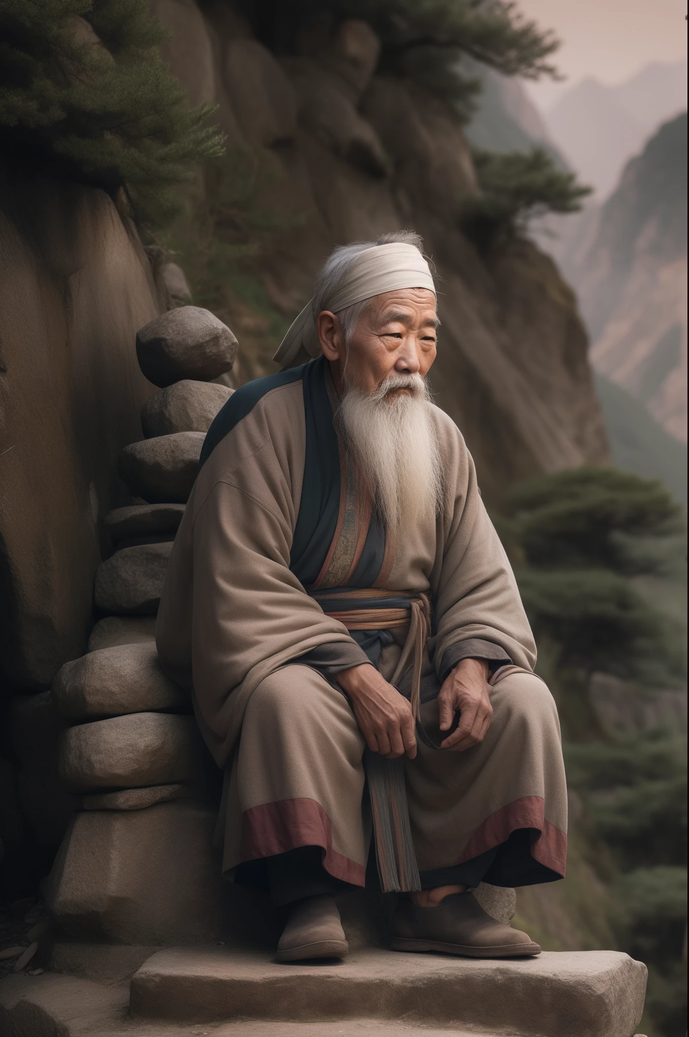 Old man of ancient China，Sit on the stone steps deep in the mountains，A wise old man living in seclusion in the mountains and forests、Sit on the steps deep in the mountains、Face full of wrinkles，wise man，The face is clear and plain，Long beard、head gear、Old man of ancient China、The face is clear、hoary、A face full of wrinkles - a kind face、kind、tmasterpiece，best qualtiy，（realisticlying：、（highdetailskin：0.8）、filmgrain、Wang Yangming、Retreat to the wise man on the mountain、Wise old man（highdetailskin：1.2），8k ultra high definition，digital SLR camera，gentlesoftlighting，high high quality、Face centered