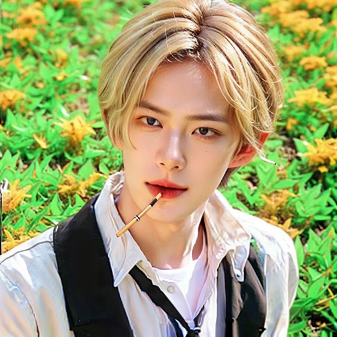 a close up of a person smoking a cigarette in a field, blonde haired, sanji, realistic ultra detail, 70mm lens.