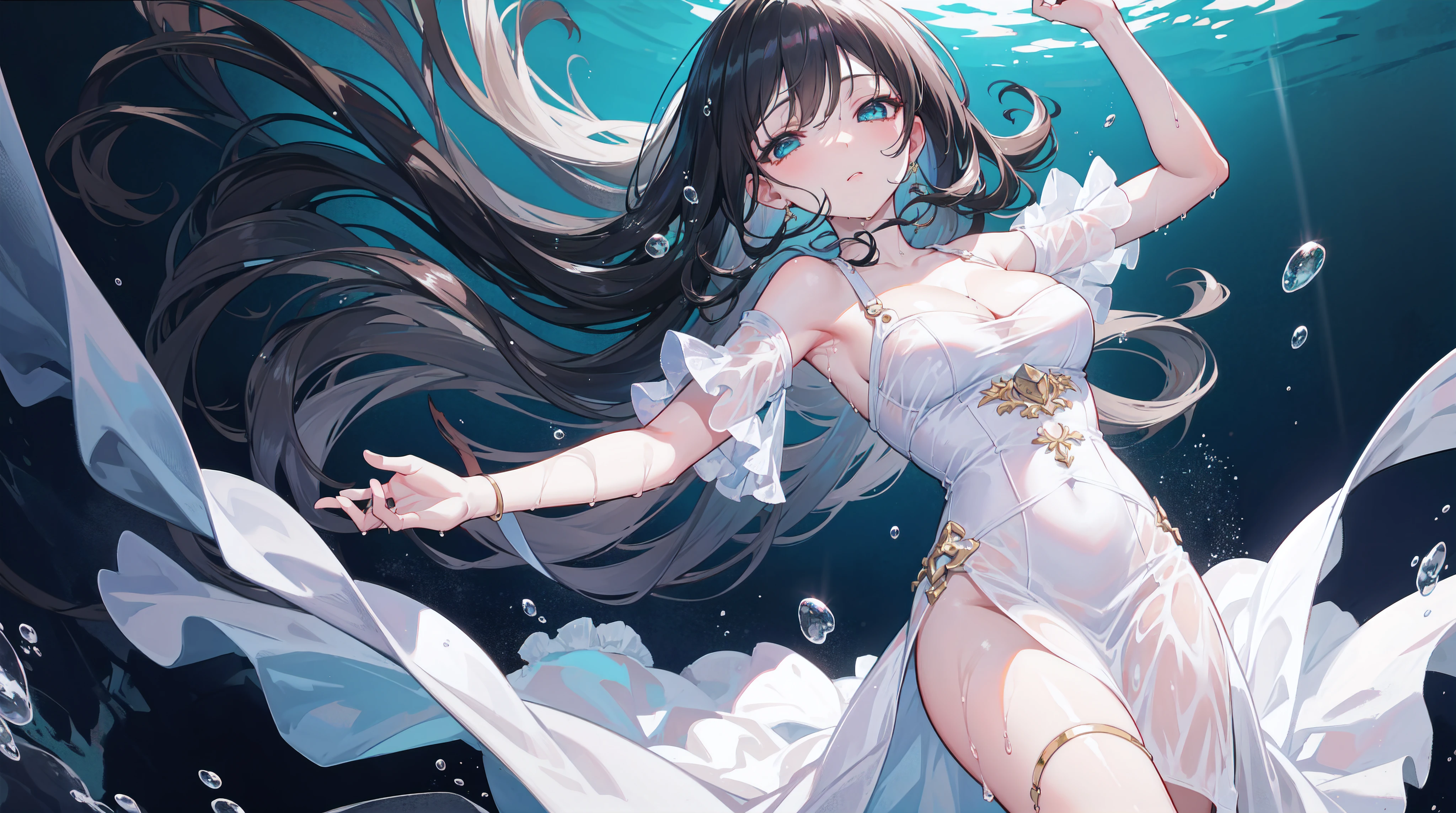 ((masterpiece))),best quality,highly detailed,extremely detailed cg unity 8k wallpaper,(day),reflection light,ray tracing,shadow,illustration,(((solo))),1girl,(:1.4),(closed eyes),(clear facial details),((disgust)),(smooth skin),thin leg,beautiful detailed eyes,aquagradient eyes,water eyes,long hair,black hair, strands,(Blowing bubbles out of the mouth),(gold),expose legs,(floating:1.2),(zero gravity:1.2),((wet clothes)),transparent,[dress],((((wet translucent white dress,very long dress))),frills,((expose cleavage)),red papilla,((bulging )),(no_panties),(underwater,deep ocean),(ridiculous long hair:1.3),There are many bubbles in the environment,Dim light,(simple black underwater background:1.3),(drowning:1.3),(clothed_masturbation:1.3)