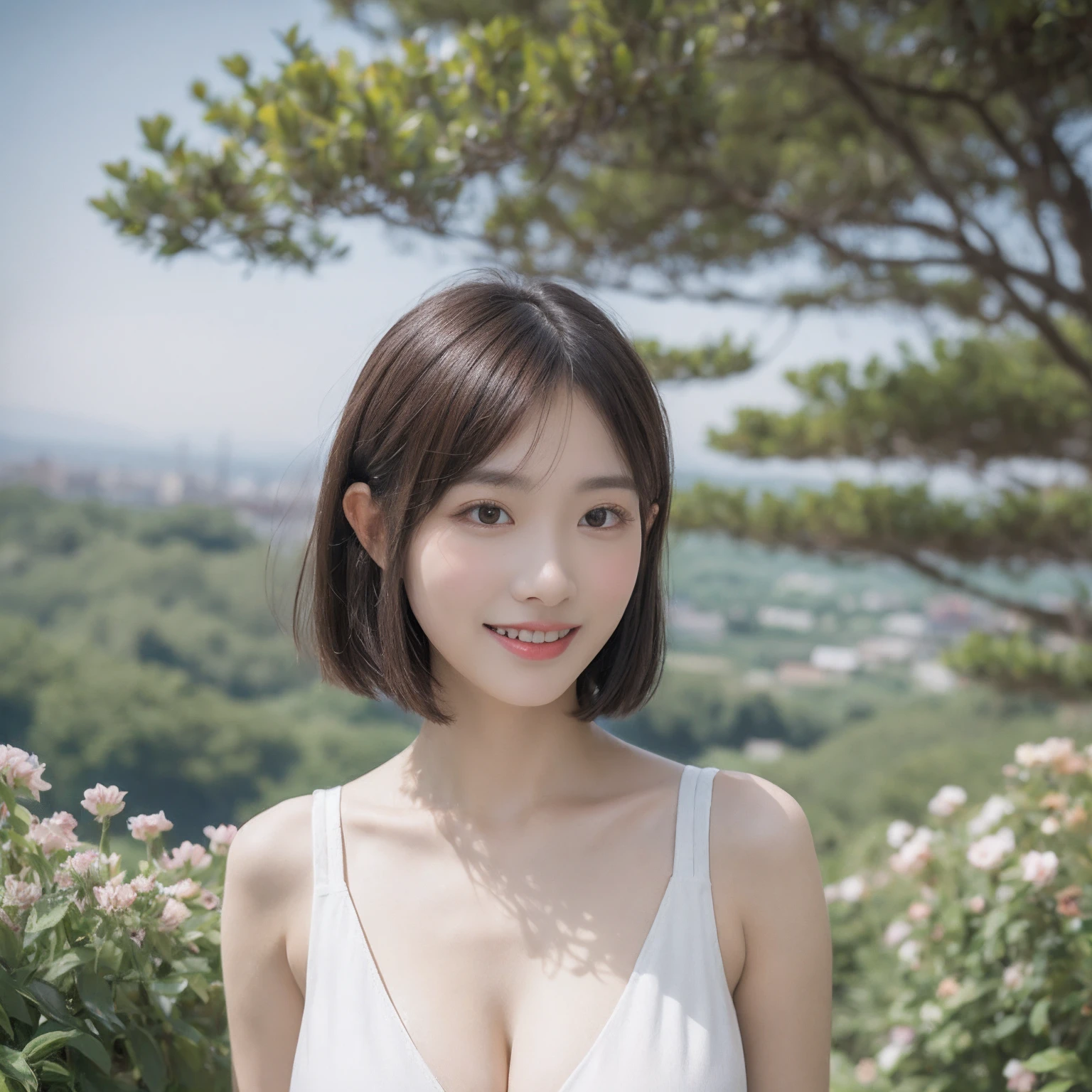 ((layered haircuts、Colossal tits:1.2)),（8K，highest  quality），full body shot shot，Watching from a distance，Distant shots，hilltop，scenic view，There are flowers，Sweet girl slip dress，Full body photography:1.9，conservativelydressed，No cleavage， Android， adolable， ssmile， Thin face， short detailed hair， 32K, tmasterpiece， Best picture quality，超A high resolution，Perfect hands，Looking_at_peeping at the viewer，