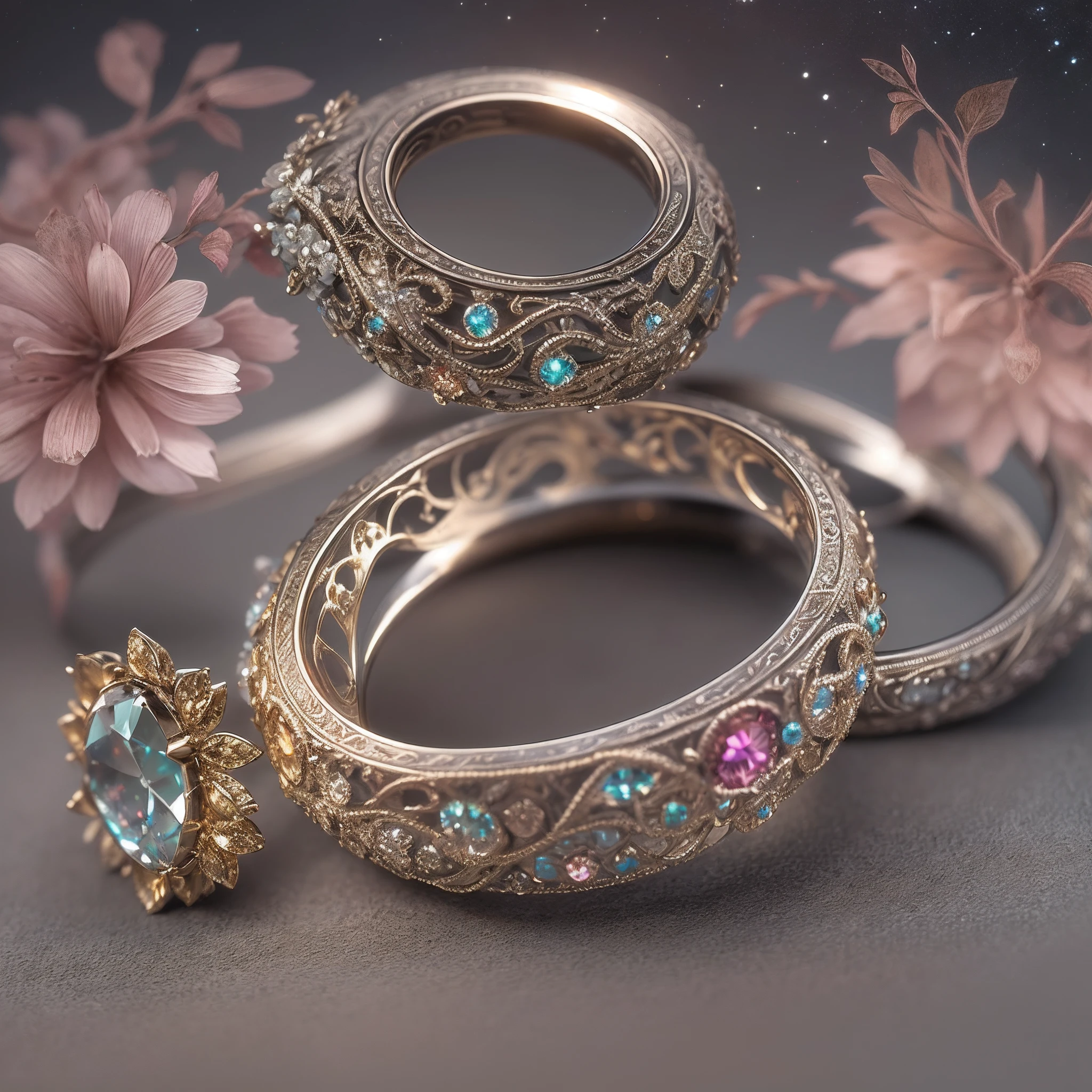 (Couple rings,A couple's ring,Two similar rings,Wedding Rings art design,solo:1.2),(Wedding Rings art design,glass flowers,nebula jewelry,starry sky color crystal,AbstractPattern Ring:1.45),(intricate,ironwork,handmade,A romantic engagement ring with a pear-shaped diamond center stone,set in a rose gold band. the band is adorned with diamonds along the edges,adding a feminine touch to the design,the image has a soft, dreamy vibe and is suitable for use in a facebook ad for engagement rings:1.2),shiny glowing rings,Metal hollow carving of dragons head,phoenixes head,and flowers,Berlin black iron jewelry in a victorian gothic style,Meticulously carved diamonds,gold threads and jade bands,hollowed out plant shaped metal carvings,fractal geometry,deconstruction,Streamlined structure,Volume light,flickering light,Obvious dimming effect,