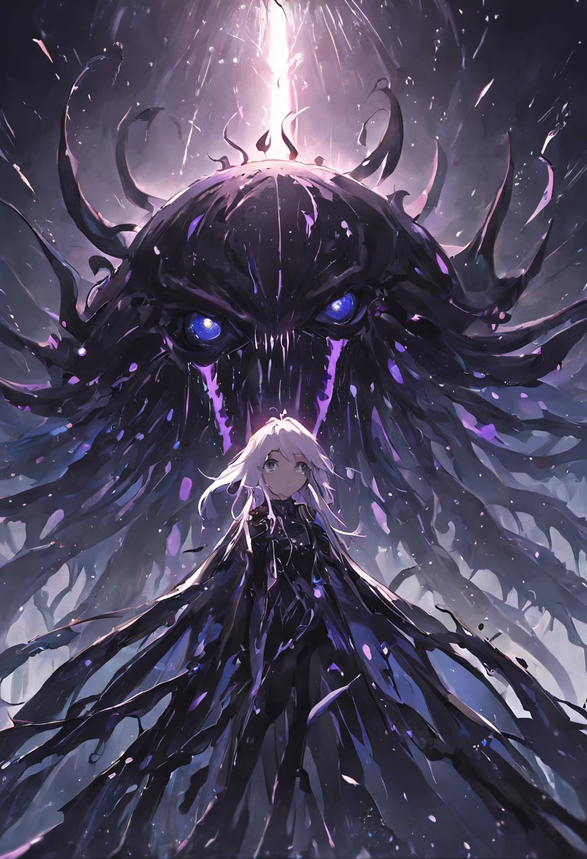 The black slime converges into a clump,A viscous black liquid drips from the huge eye,Black tentacles rise from the ground,A fantastical glow,armour,crystals