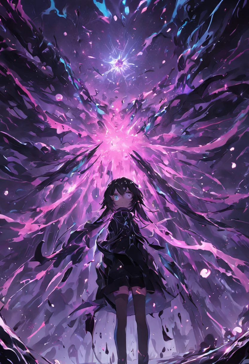 The black slime converges into a clump，A viscous black liquid drips from the huge eye，Black tentacles rise from the ground，A fantastical glow，armour，crystals
