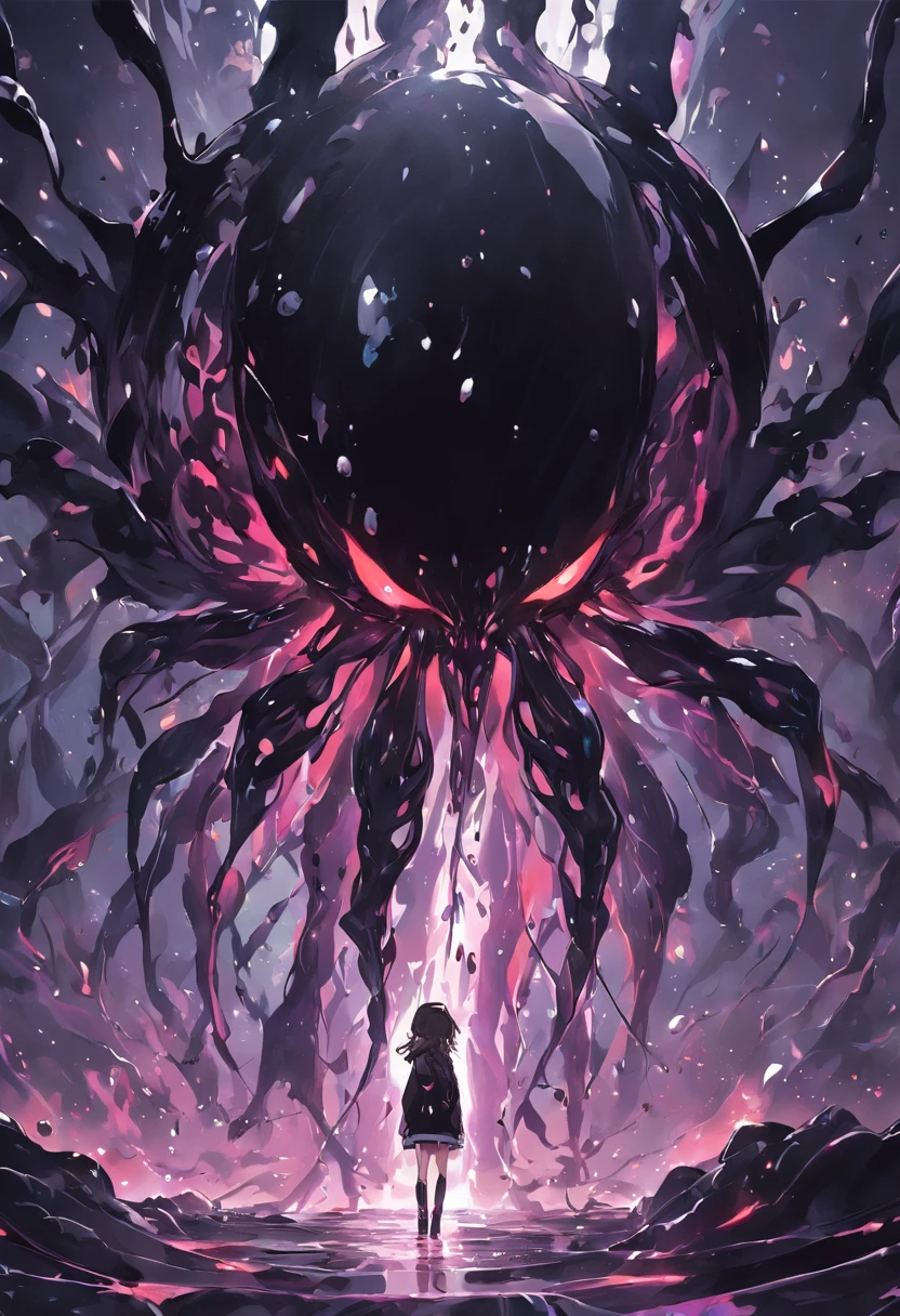 The black slime converges into a clump,A viscous black liquid drips from the huge eye,Black tentacles rise from the ground,A fantastical glow,armour,crystals