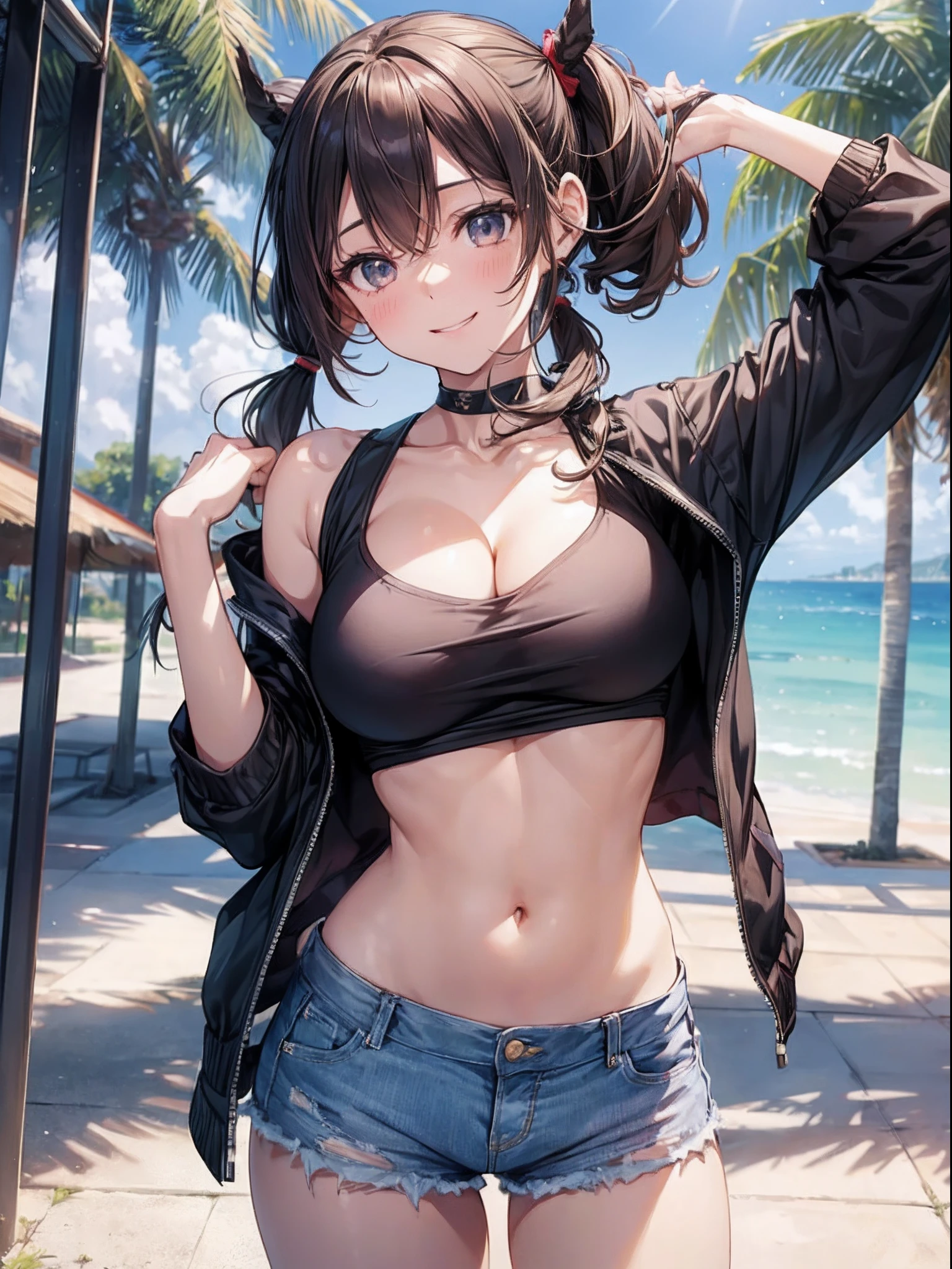 1 girl,A smile、Mouth open、tshirts,hotpants,((poneyTail:1.3)),Navel out、bending forward、cleavage of the breast,tourist destination、Intricate details, Hyper realistic, Perfect ???????