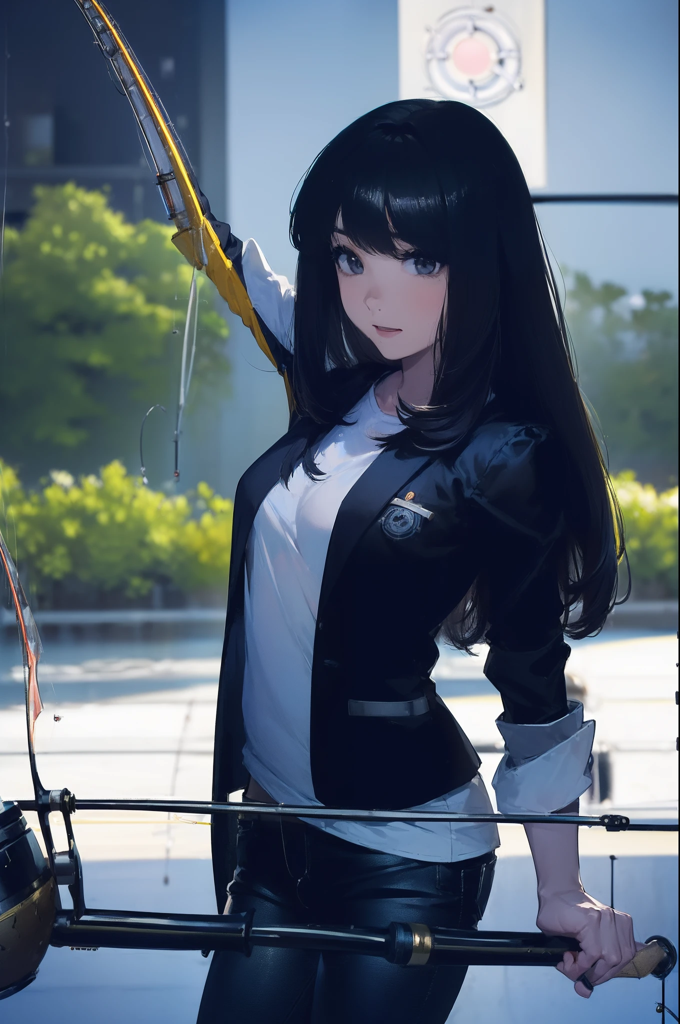 ((((having a fishing rod with a reel by the lakeside:1.5)))),((Female 28 years old)),((Best Quality:1.5)),(((Hands with the correct number and structure of fingers:1.4))),((Big fish:1.37)),hight resolution,ultra-detailliert,​masterpiece,best qualtiy,(Eight-headed body),Black hair, long eyes-lashes, Solid Circle Eyes, drop shadow, Atmospheric perspective,Super Detail, ccurate, small brest,(Black jacket and black jeans :1.1),top-quality, blurry backround, bokeh dof:1.2, (​masterpiece:1.3),  Atmospheric perspective,Super Detail,dynamic compositions,