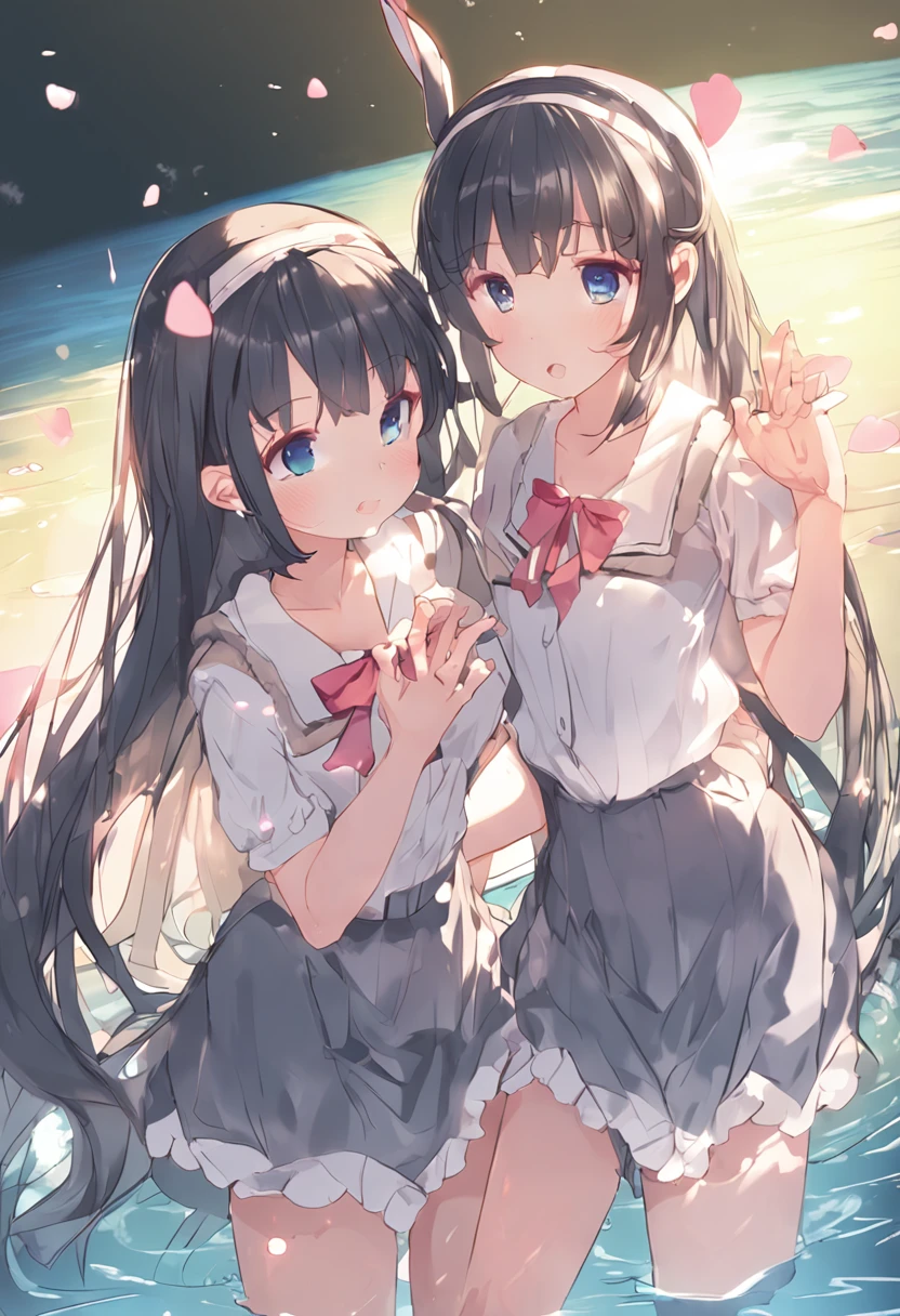 realistically, 2 girls, twin tails, 1 ponytail, brown eyes, glowing eyes, white short skirt, Blush, daytime, Wet from the rain, see through, sleeveless shirt, nipples, Knee hug, pussy, crotch, naked, armpit, laugh