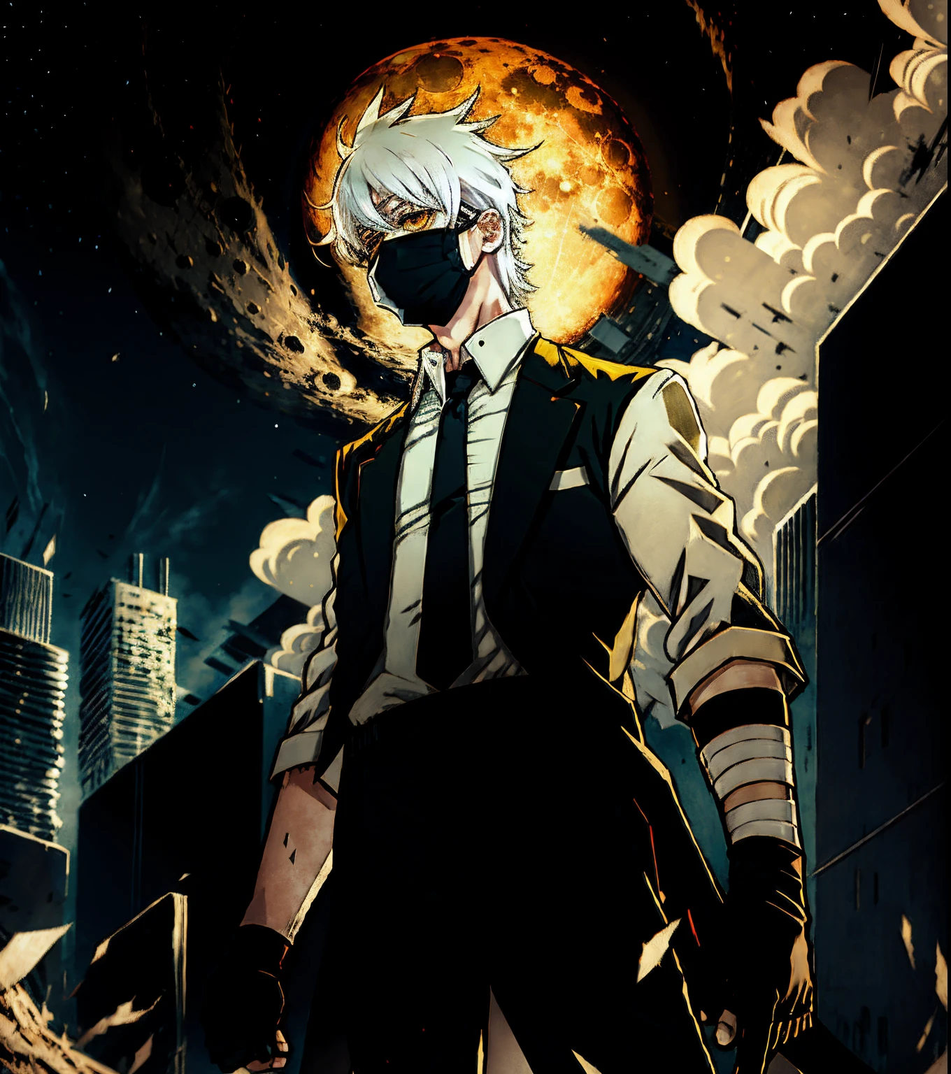 anime style, boy, bandages mask, yellow eyes, white hair, black clothes, black pants, bandages gloves, float in the Sky, night, very dark, destroyed city, big White moon,