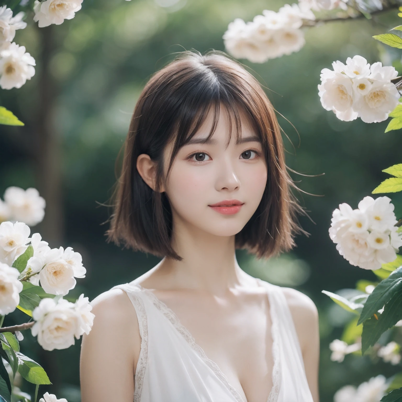 (highest quality、table top、8k、best image quality、Award-winning work)、one beautiful woman、25 years old、(Fixed front configuration:1.1)、(Front photo from the chest up:1.1)、big and full breasts、[clavicle]、(V-neck tight knit sweater that fits perfectly to the body:1.1)、look at me and smile、(straight short hair:1.1)、(strongly blurred natural park background:1.1)、Strongly blurred background、droopy eyes、natural makeup、Ultra high definition beauty face、(Super high-definition glowing beautiful skin:1.1)、Lustrous and beautiful skin、Shiny and fine skin、ultra high definition hair、Super high-definition sparkling eyes、Super high resolution glossy lips、accurate anatomy、(very bright and vivid:1.3)
