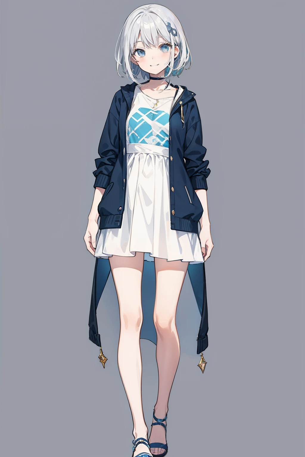 masterpiece, best quality, 1girl, full body, solo, standing, looking at viewer, smiling, happy, casual clothes, silver hair, white hair, bright colors, simple background, anime style, illustration style