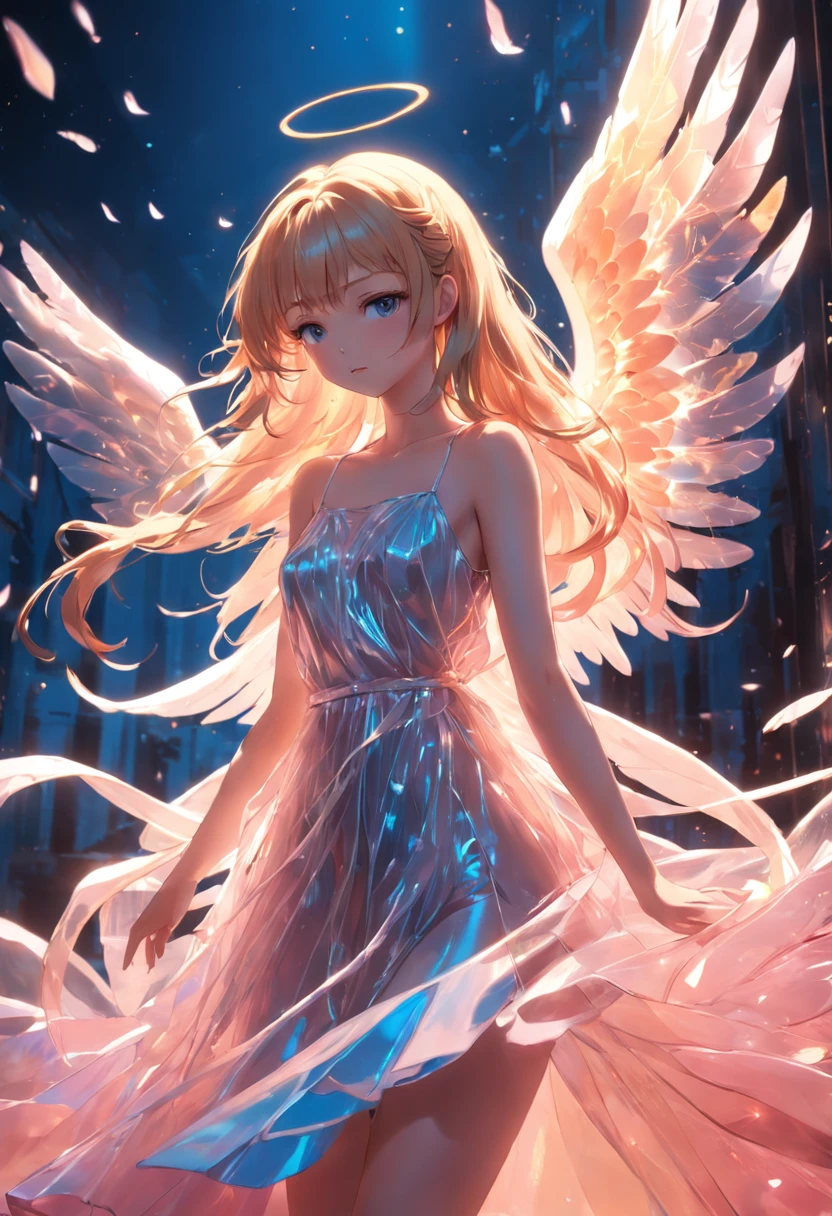 **vogue photography, Stylish female model in dress,Translucent plastic wing,angel wing, California Impressionism, Soft sunlight, Y2k beautiful,Dream style 16k