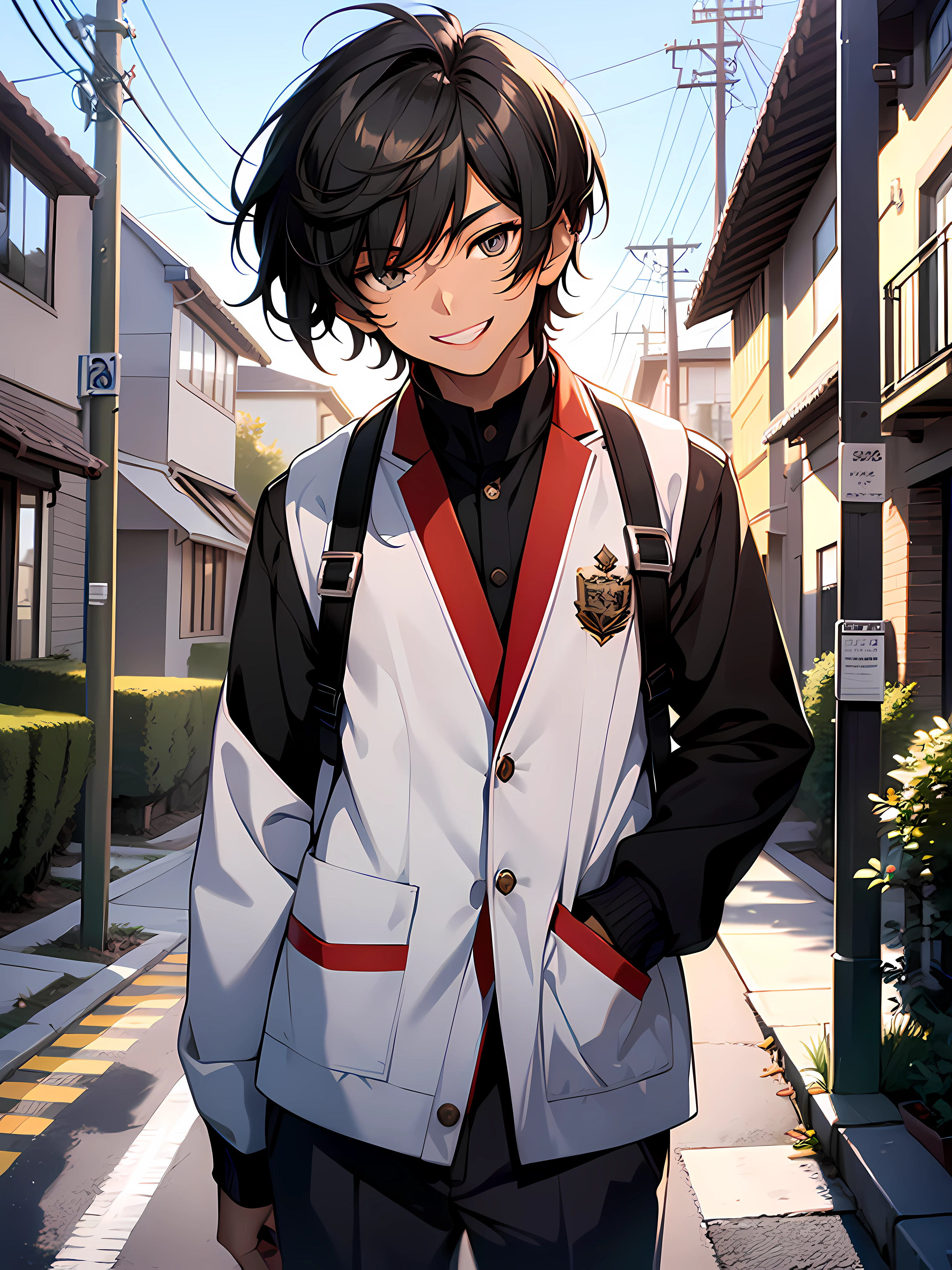 1 teenager boy who is smiling with her teeth open, his skin is white, with beautiful hazel eyes, two sided haircut black hair, he is standing straight with good composure, he is wearing highschool uniform, his in the neighborhood, high resolution, ultrasharp, 8k, masterpiece, looking at viewer