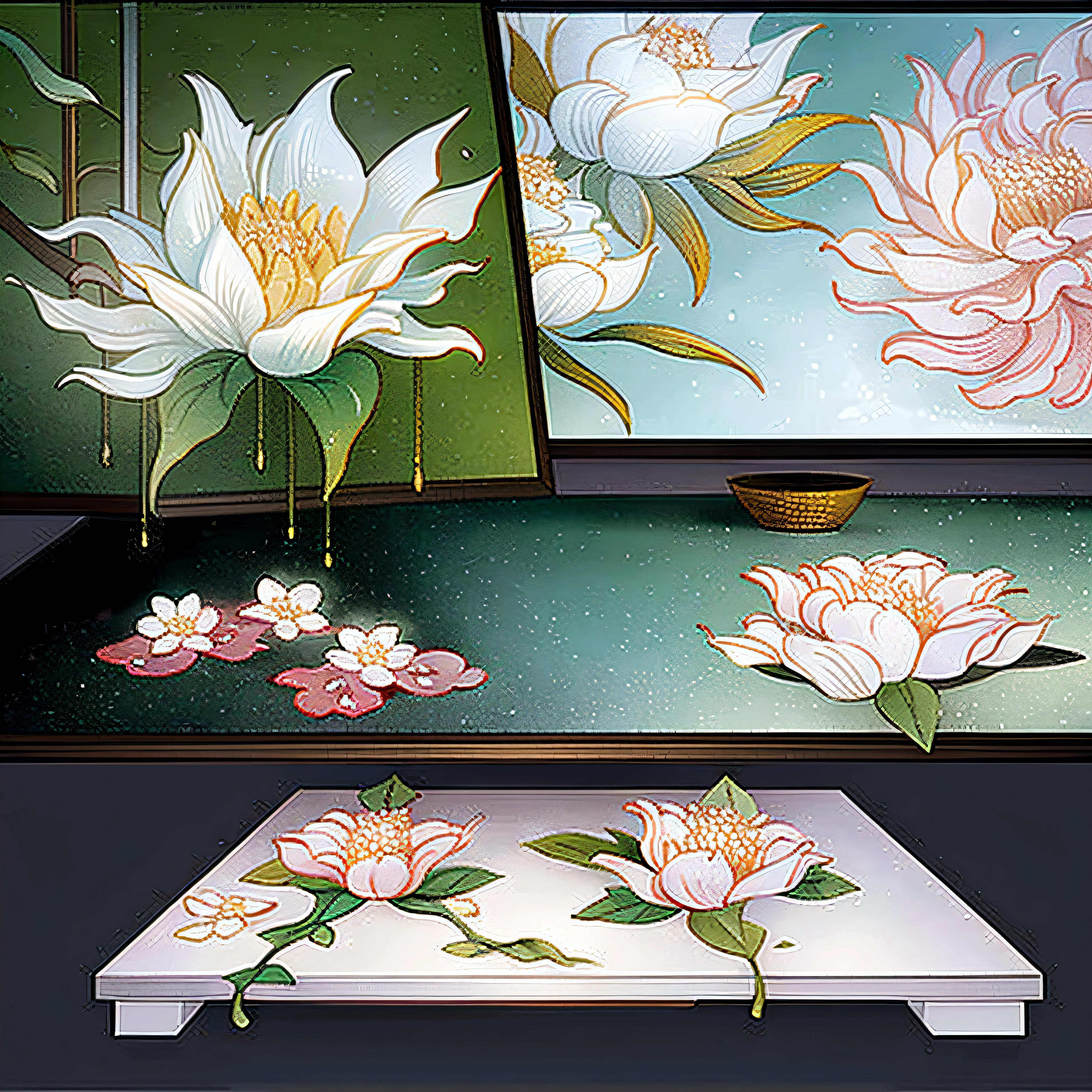 There are many different types of flowers in the vase on the table, floral arrangements, ikebana white flowers, japanese flower arrangements, with flowers and plants, rock plateau, nature and floral aesthetics, serene scene, floral environment, flowers inside of a marble, river with low hanging plants, plants and flowers, Flowers and plants, Elegant composition, moss and flowers