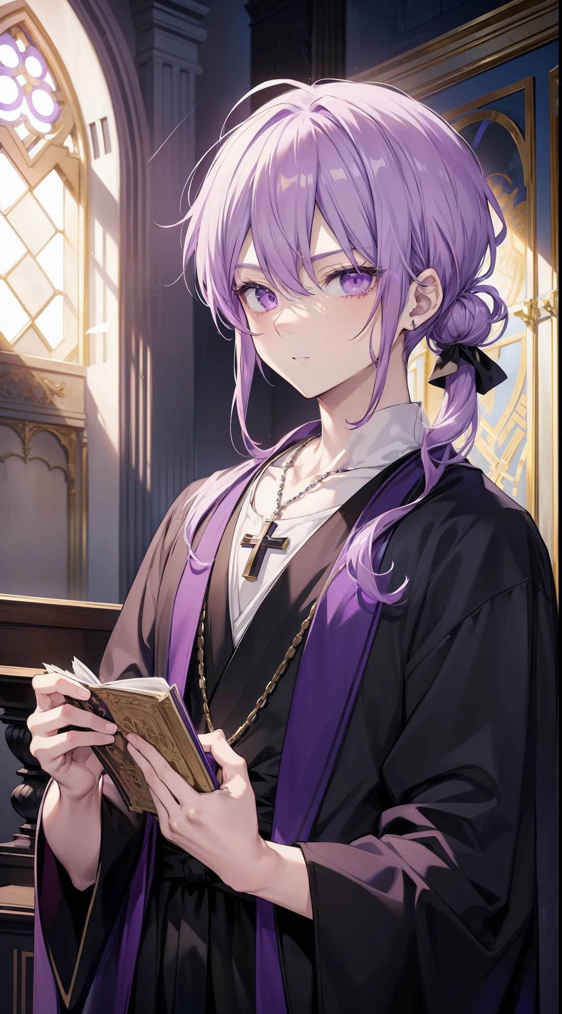 Anime,masterpiece,(bestquality),highlydetailed,ultra-detailed,purple hair:1.5),1 boy,Beautiful Boys, (beautiful face, cute expression), (, charming), (curate),(cross necklace),(black toga),detailed purple eyes,pale,serious-faced,priestly-robes,(Holy Bible) --style scenic
