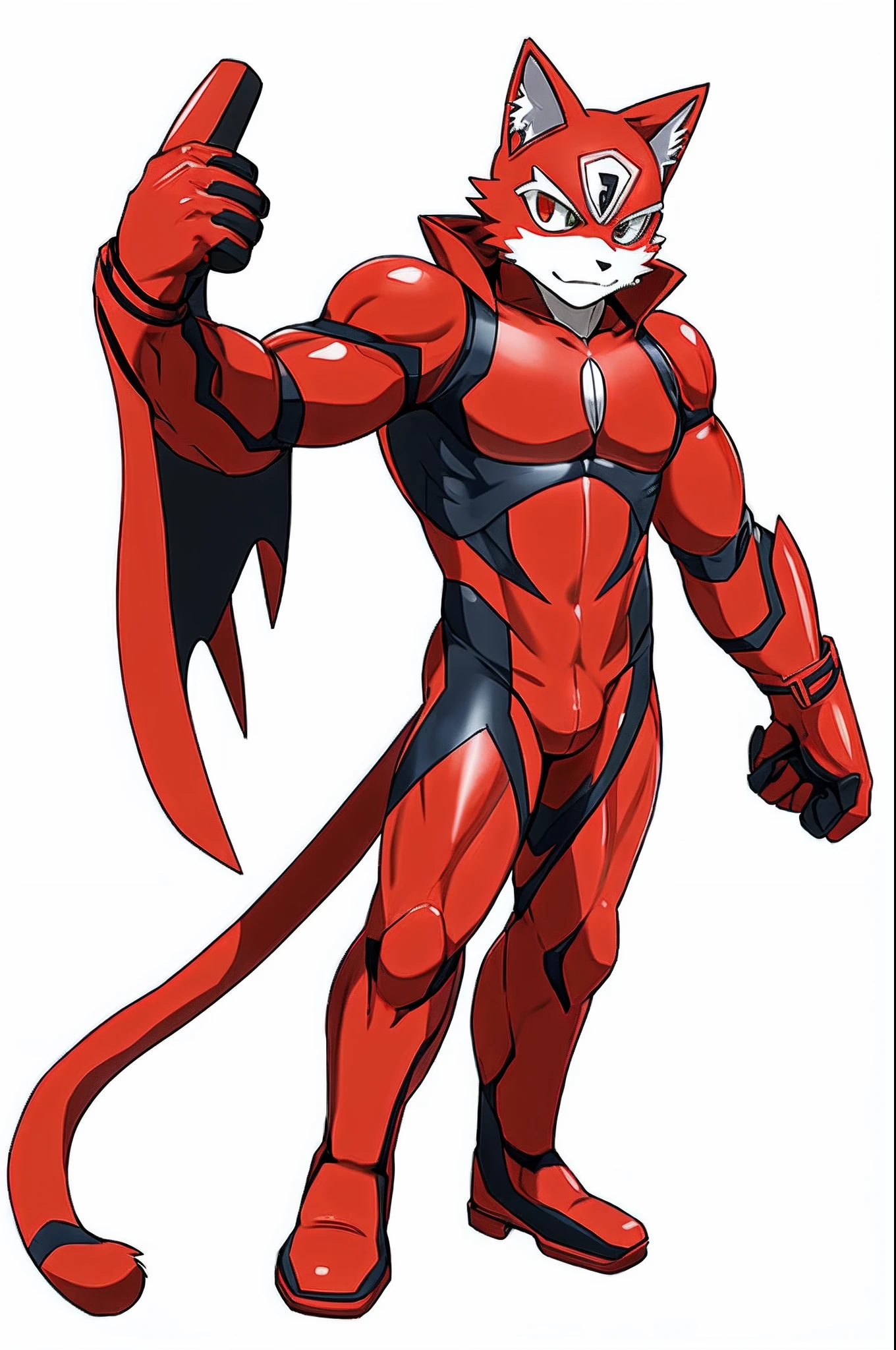 masutepiece, Best Quality, anime style illustration,White background, Simple background, Standing portrait of a character, 1ｍale, Solo, white cat Men, Furry,  Superhero, red bodysuit, gloves, long boots, Full body,Look at viewers,