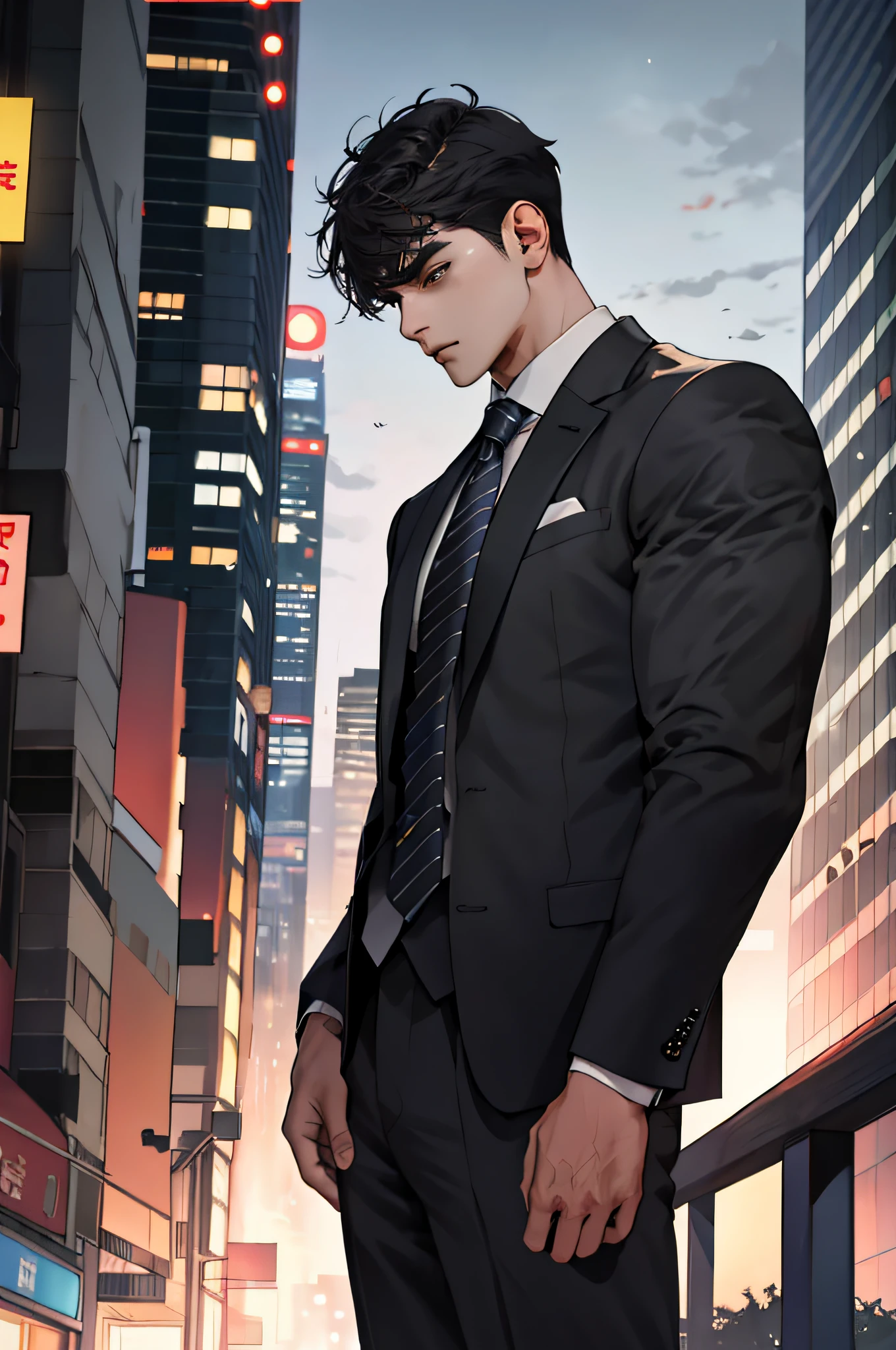 He has long bangs, most of his eyes are hidden, he carries a black rucksack, and his suit pockets are empty