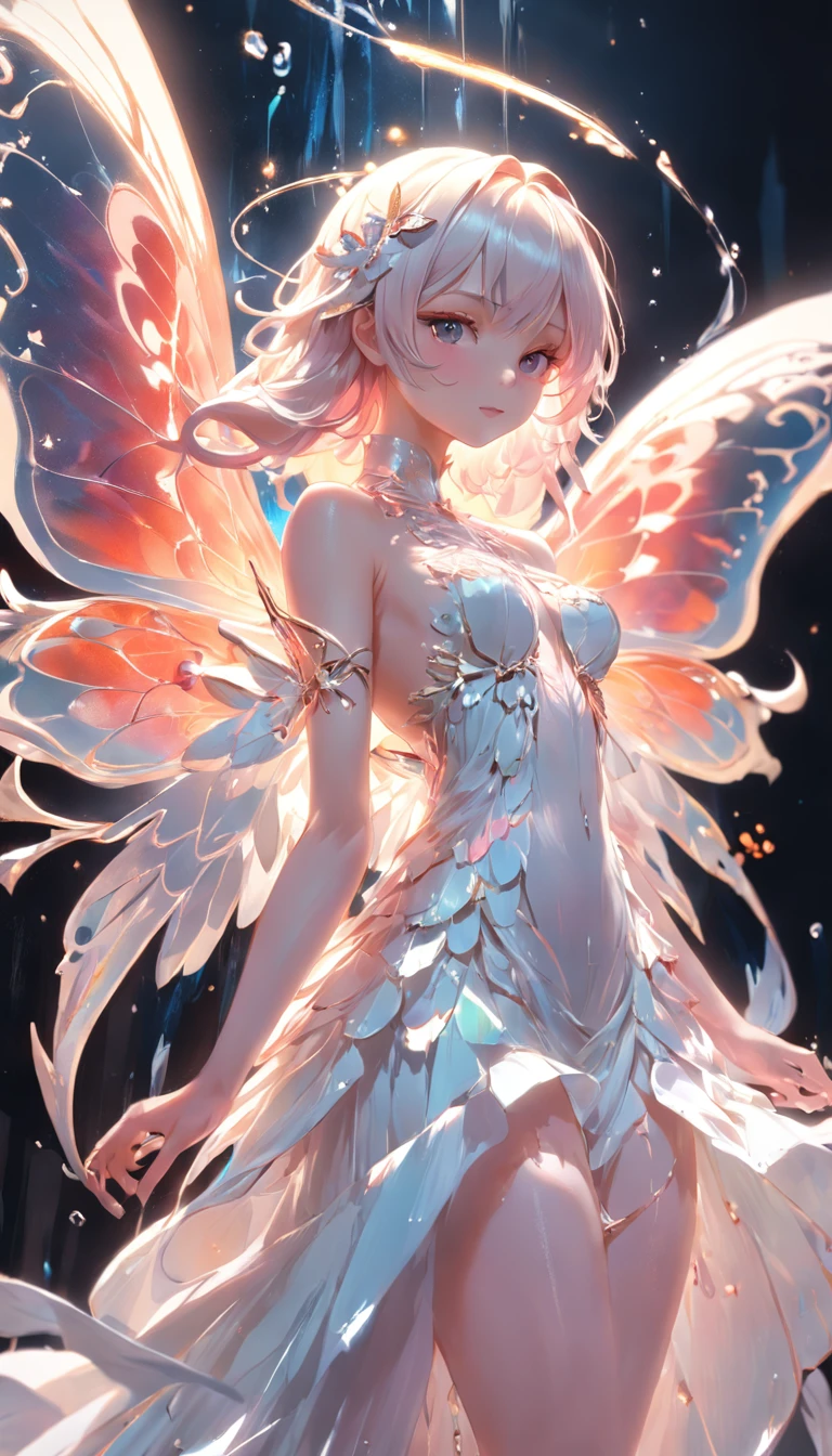 Holy Light Butterfly Angel Girl,Butterfly wings,Chest shooting(mcu),in the style of rococo pastel hues,light white and light red,Incredibly beautiful,white colors,sparkling water reflections,combine,Flowing,hyper realisitc,painting of a,aethereal,Elsa Burda,Elements of mixed reality and fantasy,Ray traching,Intricate patterns,delicate linework,Pressed crystals,Exquisite hands,Shocking,Smooth feet,didn't wear socks,Meticulous feet