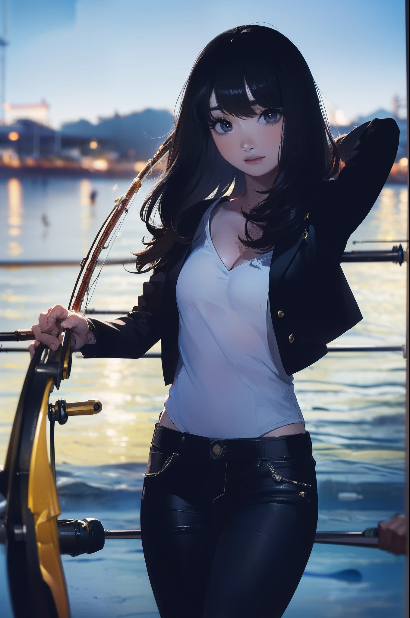 ((((having a fishing rod with a reel by the lakeside:1.5)))),((Female 28 years old)),((Best Quality:1.5)),(((Hands with the correct number and structure of fingers:1.4))),((Big fish:1.37)),hight resolution,ultra-detailliert,masterpiece,best qualtiy,(Eight-headed body),Black hair, long eyes-lashes, Solid Circle Eyes, drop shadow, Atmospheric perspective,Super Detail, ccurate, small brest,(Black jacket and black jeans :1.1),top-quality, blurry backround, bokeh dof:1.2, (masterpiece:1.3), Atmospheric perspective,Super Detail,dynamic compositions,