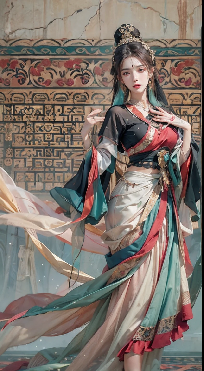 Photorealistic, high resolution, 1womanl, Solo, Hips up, view the viewer, (Detailed face), dunhuang_dress, jewelry, tattoo
