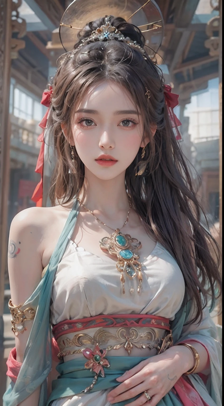 Photorealistic, high resolution, 1womanl, Solo, Hips up, view the viewer, (Detailed face), dunhuang_dress, jewelry, tattoo
