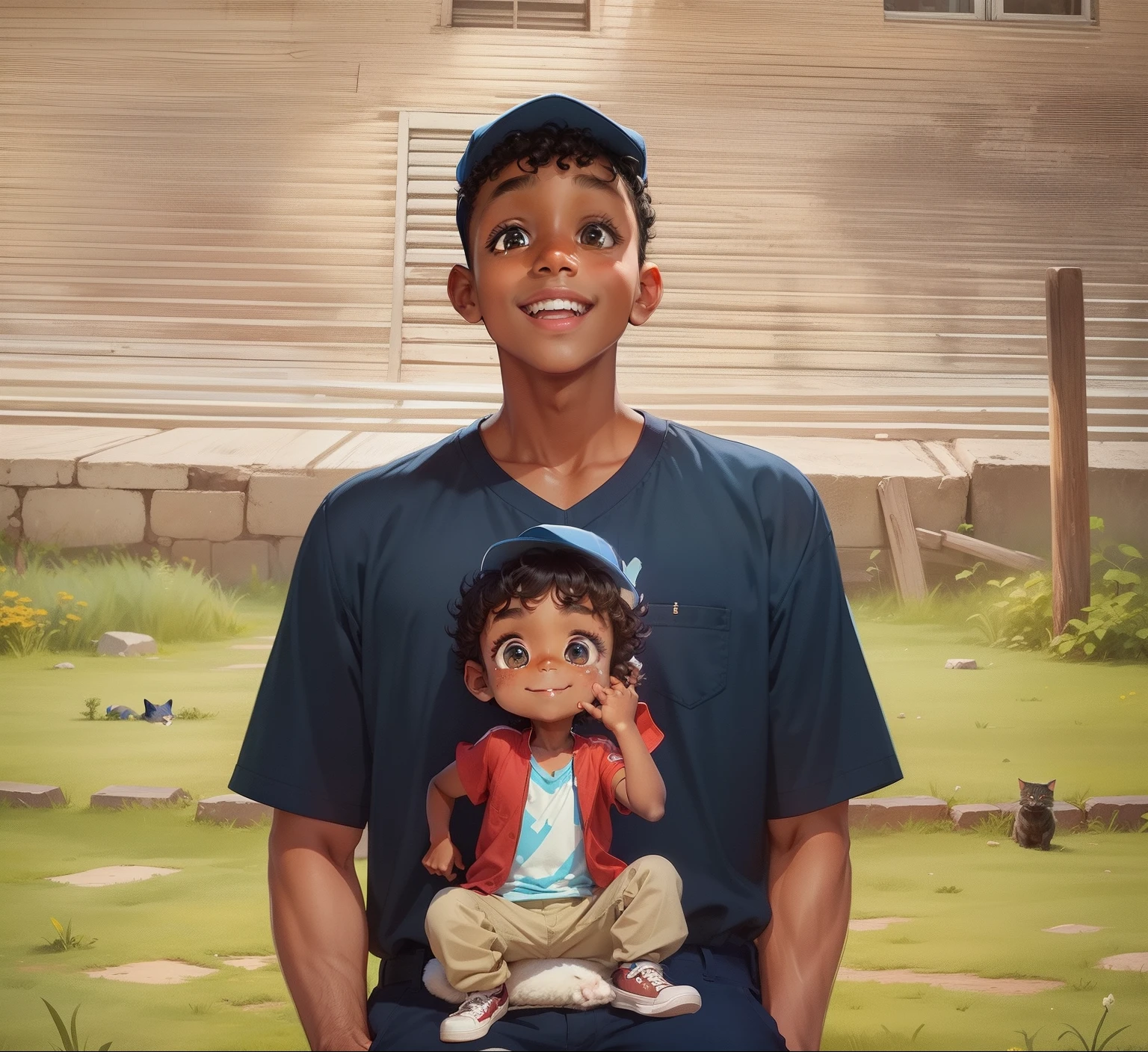 A , 8 years olrly hair, dark skin, wearing khaki pants, blue shirt, cap, curious and kind look, kind, happy and smiling, holding a cat