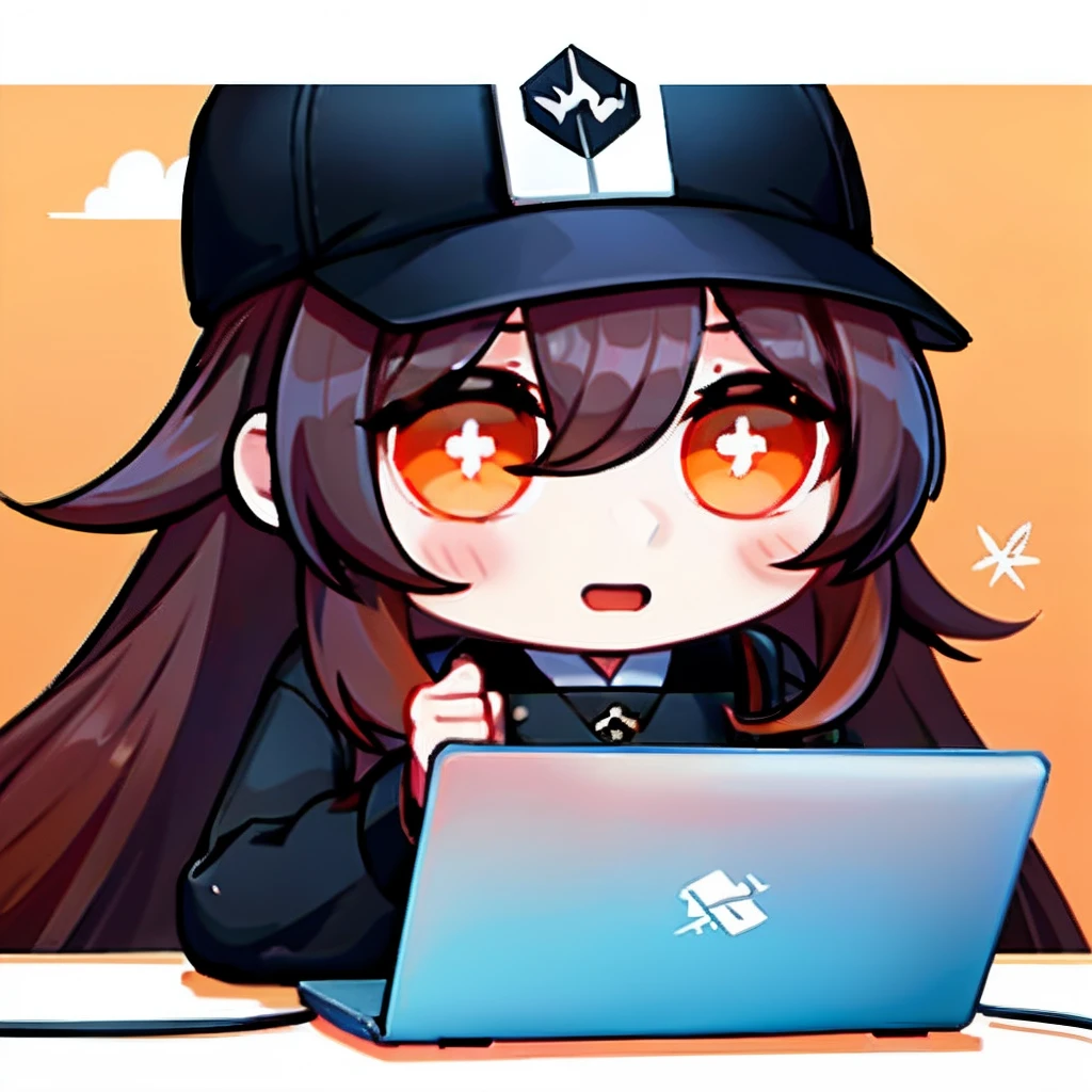 Hair over one eye、One Woman, 独奏, (twitch emote:1), Chibi, Brown hair, red eyes, , comic strip, white backgrounid, a sticker, Thick black outline,Denim dresses、Black blouse、hair down、Orange hair、、brown haired、Denim Long Skirt hutao, sentada frente a una computadora y sentada de rodillas, laptop, internet, departamento otaku, PCgamer