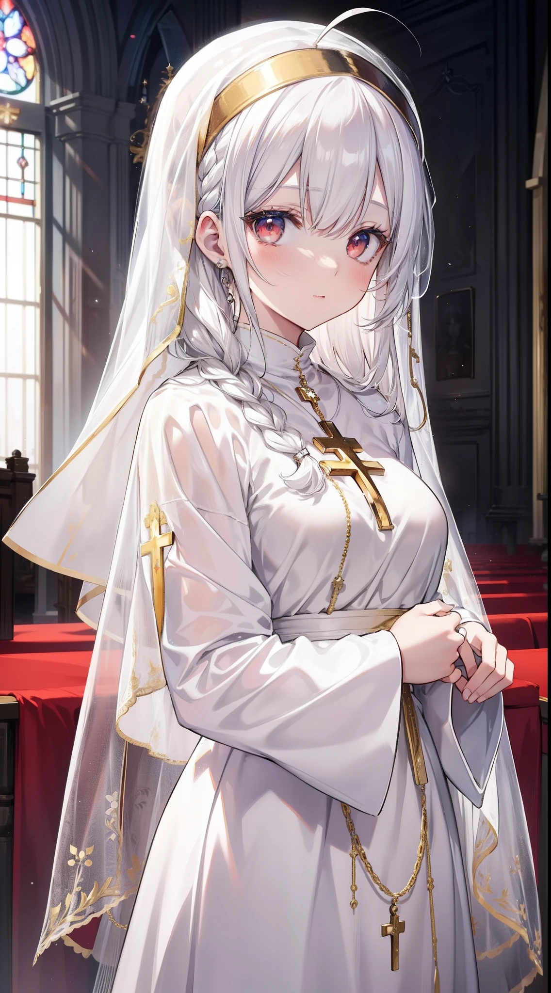 Anime,masterpiece,(bestquality),highlydetailed,ultra-detailed,1girl,bishoujo,stare,red eyes,beautiful detailed eyes,long hair,white hair,silver_hair,Wing-like bangs,Dull hair,ahoge,Hair rings,braid, cold, light, in the church, (white nun habit), serene expression, soft lighting, (gold cross pendant), (long sleeves), (rosary beads), (elegant white veil), (peaceful atmosphere) --style scenic