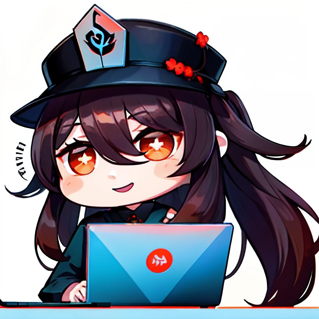 Hair over one eye、One Woman, 独奏, (twitch emote:1), Chibi, Brown hair, red eyes, , comic strip, white backgrounid, a sticker, Thick black outline,Denim dresses、Black blouse、hair down、Orange hair、、brown haired、Denim Long Skirt hutao, sentada frente a una computadora y sentada de rodillas, laptop, internet, departamento otaku, PCgamer