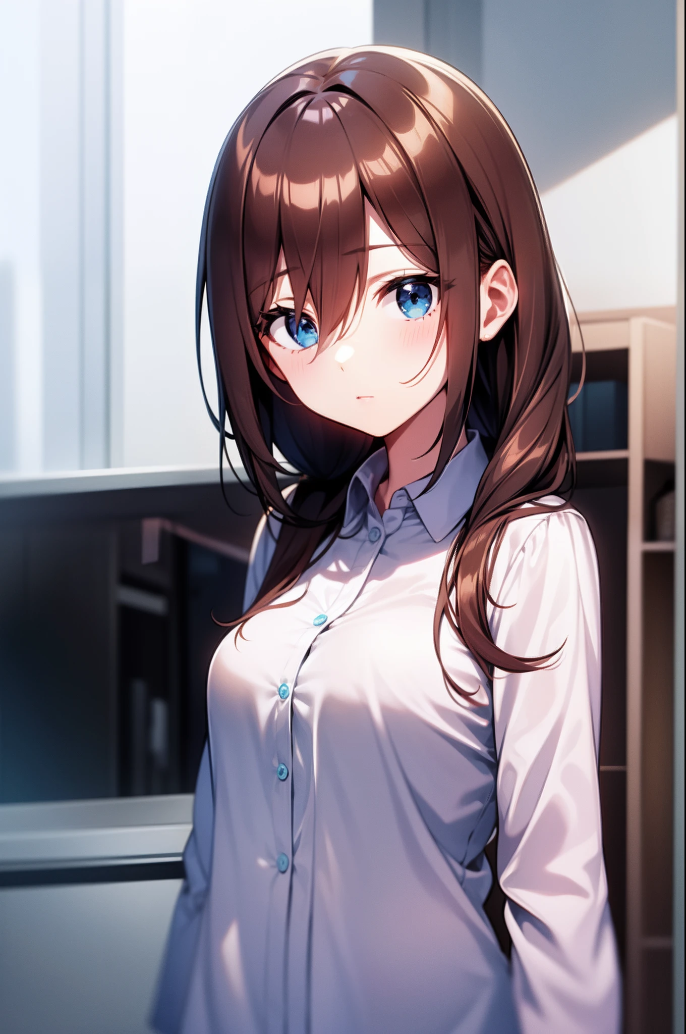 Miku, brown hair,  blue eyes, standing,  upper body