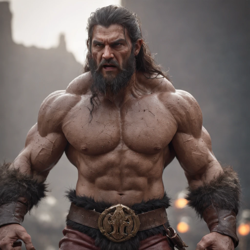 (professional 3d render:1.3) af (Realistic:1.3) most beautiful artwork photo in the world,Features soft and shiny male heroes, ((Epic hero fantasy muscle man rough wet hero angry looking long hair long beard and focused expression in dynamic pose, Fantastic location, Majestic cluttered environment)), Full body 8K unified rendering, action shot, skin pore, very dark lighting, heavyshading, Detailed, Detailed face, (vibrant, photograph realistic, Realistic, Dramatic, Dark, Sharp focus, 8K), (Old leather garments damaged by weathering:1.4), ((((Wear fur)))), (Intricate:1.4), decadent, (Highly detailed:1.4), Digital painting, rendering by octane, art stations, concept-art, smooth, Sharp focus, illustration, Art germ, (loish:0.23), wlop ilya kuvshinov, and greg rutkowski and alphonse mucha gracias, (Global illumination, Studio light, volumettic light), heavy rain, particles floating, lotr, fantasy, elf, full bodyesbian, ((Dark and ancient city background:1.3)),CGSesociety,art stations, conan the barbarian inspired, mountain top.