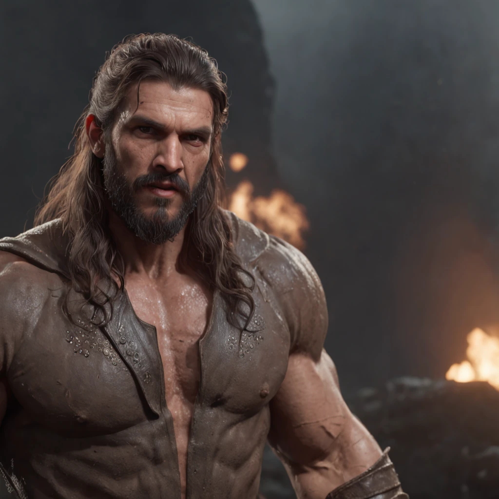 (professional 3d render:1.3) af (Realistic:1.3) most beautiful artwork photo in the world,Features soft and shiny male heroes, ((Epic hero fantasy muscle man rough wet hero angry looking long hair long beard and focused expression in dynamic pose, Fantastic location, Majestic cluttered environment)), Full body 8K unified rendering, action shot, skin pore, very dark lighting, heavyshading, Detailed, Detailed face, (vibrant, photograph realistic, Realistic, Dramatic, Dark, Sharp focus, 8K), (Old leather garments damaged by weathering:1.4), ((((Wear fur)))), (Intricate:1.4), decadent, (Highly detailed:1.4), Digital painting, rendering by octane, art stations, concept-art, smooth, Sharp focus, illustration, Art germ, (loish:0.23), wlop ilya kuvshinov, and greg rutkowski and alphonse mucha gracias, (Global illumination, Studio light, volumettic light), heavy rain, particles floating, lotr, fantasy, elf, full bodyesbian, ((Dark and ancient city background:1.3)),CGSesociety,art stations, conan the barbarian inspired, mountain top.