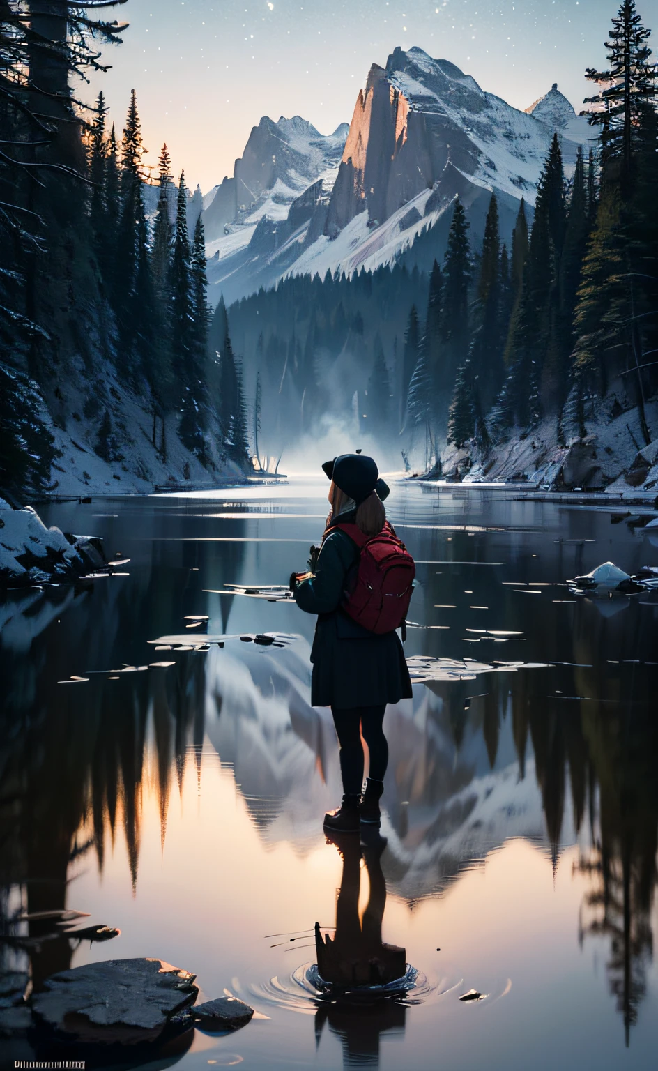 Masterpiece, Best quality, Ultra-detailed, illustration, 1girll, Solo, Outdoors, camping, Night, Mountains, Nature, stars, Moon, bonfires, tenten, double-ponytail, Green eyes, cheerful big breasts, cheerfulness, Backpack, sleeping bag, Camping stove, Water bottle, Mountain boots, mitts, Sweater, Hat, Flashlight, forest, Rocks, River, wood, Smoke, Shadows, Contrast, Clear sky, constellation, Milky Way, Peaceful, serene, Quiet, tranquil, Remote, secluded, Adventurous, exploration, escape, independence, Survival, resourcefulness, challenge, perseverance, endurance, endurance, Observation, intuition, Adaptability, creativity, imagination, Artistry, Inspiration, Beauty, in awe, Wonder, Gratitude, Appreciation, unwind, Enjoyment, rejuvenation, Mindfulness, Awareness, Connection, Harmony, balance, Texture, detail, Realism, Depth, Perspective, composition, Color, Light, black shadows, Reflection, refractions, Ton, Contrast, foreground, Middle ground, Background, Naturalistic, Figurative, representational, impressionistic, expressionistic, abstracted, Innovative, Experimental, Unique