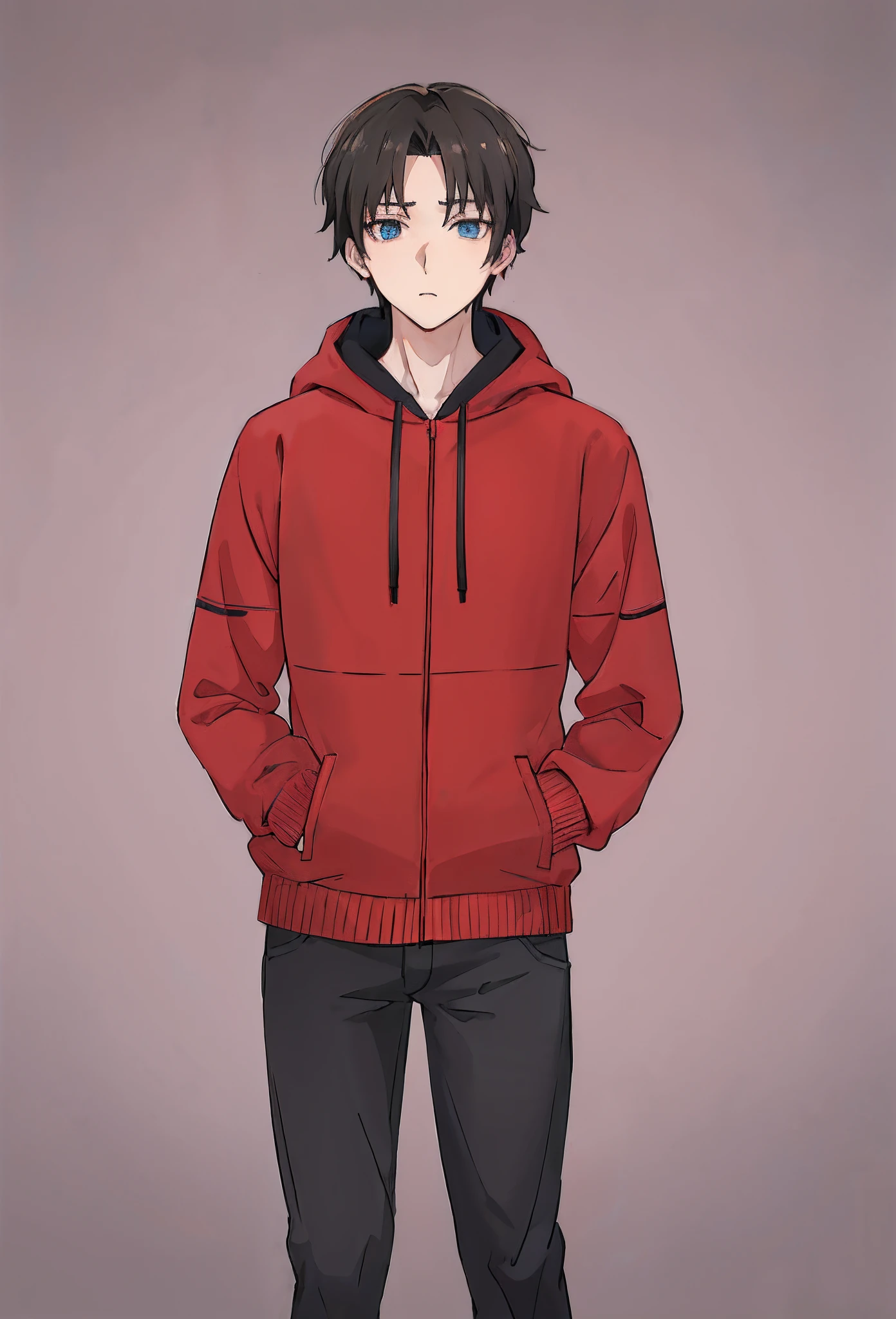 Anime boy in red hoodie with black pants and sneakers, Tall anime guy with blue eyes, Young anime man, in a scarlet hoodie, wearing a red hoodie, Men's Anime Style, as an anime character, !!full-length portrait!!, in anime style, anime full body illustration, anime style character, wearing a hoodie, full body portrait of a short!