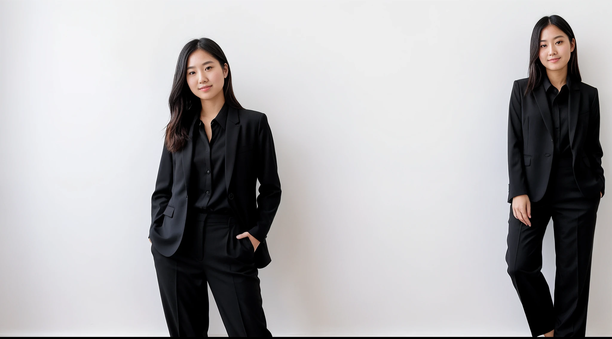 instagram photo, japanese one girl in a black suit, black shirt and black pants posing suit for a picture on the white background