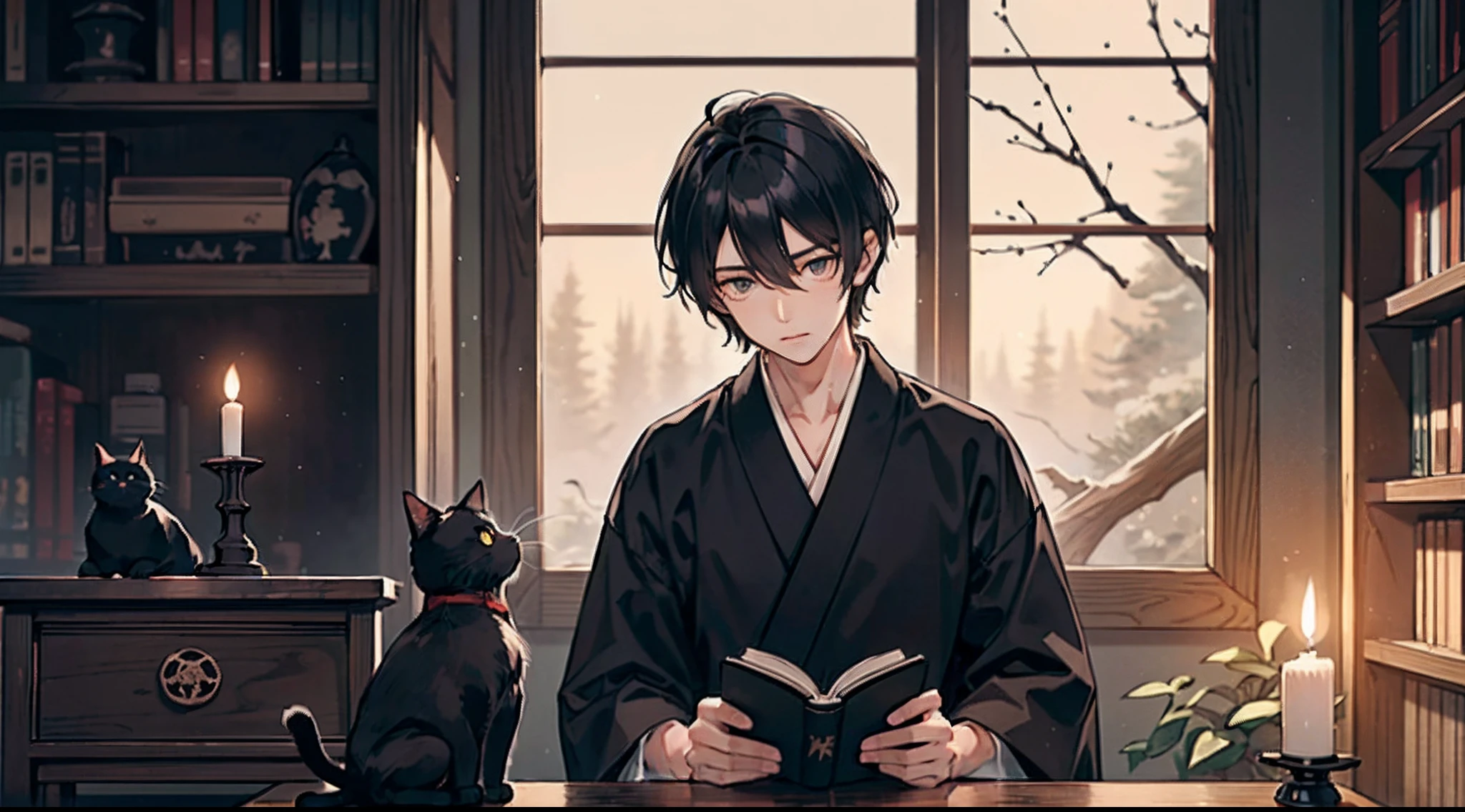 #night sky (darkness of night,no light),
#one writing boy (16 male、Honor Students、A dark-haired、short-hair、hakama,sit flat),
#black room at night (no light,black cat,wooden low table,one candle,pretty tatami,a lot of books,bookshelf)