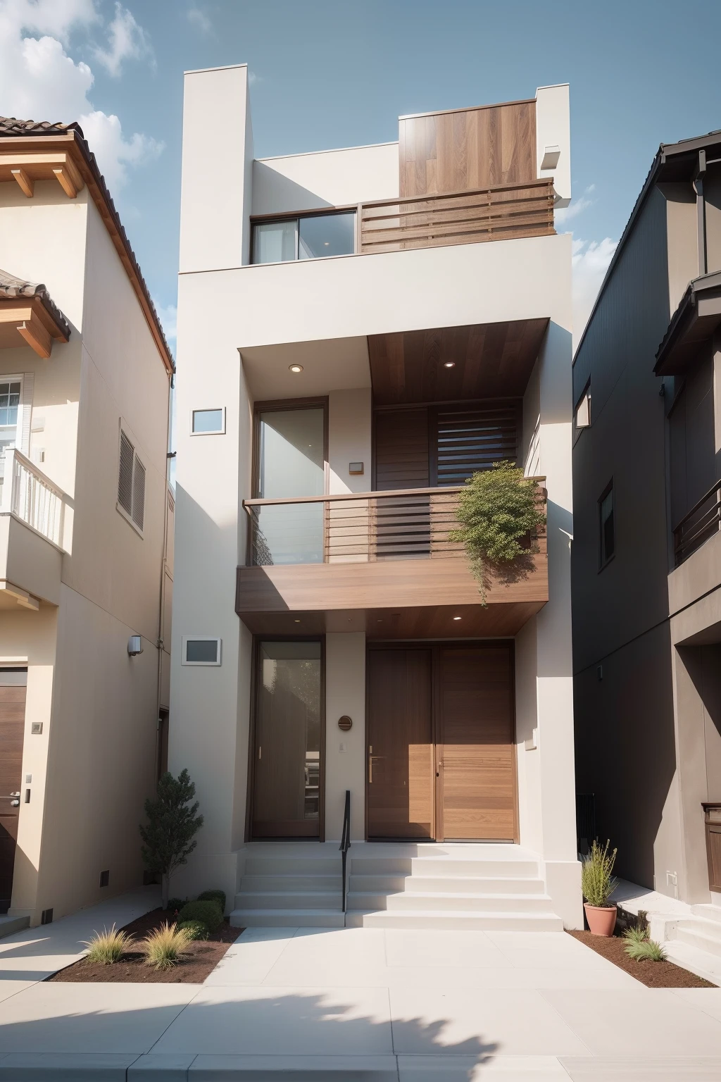 This modern 5-story townhouse design boasts a 5-meter width and is characterized by a color palette of brown, white, and decorative wooden accents on the facade.
The design epitomizes contemporary aesthetics while incorporating elements of warmth and sophistication. With its compact 5-meter width, the townhouse optimizes vertical space across its 5 stories, offering a harmonious blend of functionality and style.
The color scheme is a tasteful combination of brown and white, which exudes elegance and timelessness. The brown hues add a touch of earthiness and coziness to the overall design, while the white tones provide a clean and airy backdrop.
Enhancing the exterior are the intricate wooden accents that adorn the facade. These decorative wooden elements not only add visual interest but also infuse the townhouse with a sense of nature-inspired charm and textural variety.
In summary, this modern townhouse design with a 5-meter width, brown and white color palette, and decorative wooden accents on the facade creates a sophisticated and inviting living space. Its vertical layout optimizes space utilization while delivering a contemporary aesthetic with a touch of warmth and natural appeal.