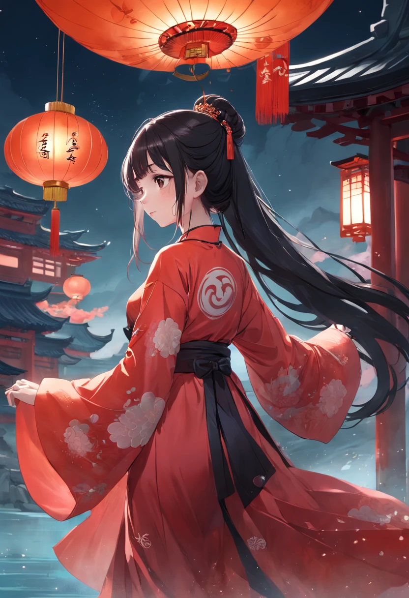 1girll，moon full，Chinese outfit，shift dresses，Black color hair，looking at viewert，are standing，Red dress，Hanfu，longer sleeves，long  skirt，Reflective floor，long whitr hair，full bodyesbian，natta，hair-bun，hair adornments，jewely，耳Nipple Ring，drippy，airbubble，janelas，Reflective water surface，Faraway view，wide angles，atmospurate，noble，Wallpapers，art-deco，High detail texture，concept-art，romanticism lain，CLMP style，Ghibli-style colors，Miyazaki animation style，Animation style，up-close，macro photograph，Unified 16K，hyper-detailing，Precise，best qualtiy，hyper HD，tmasterpiece，